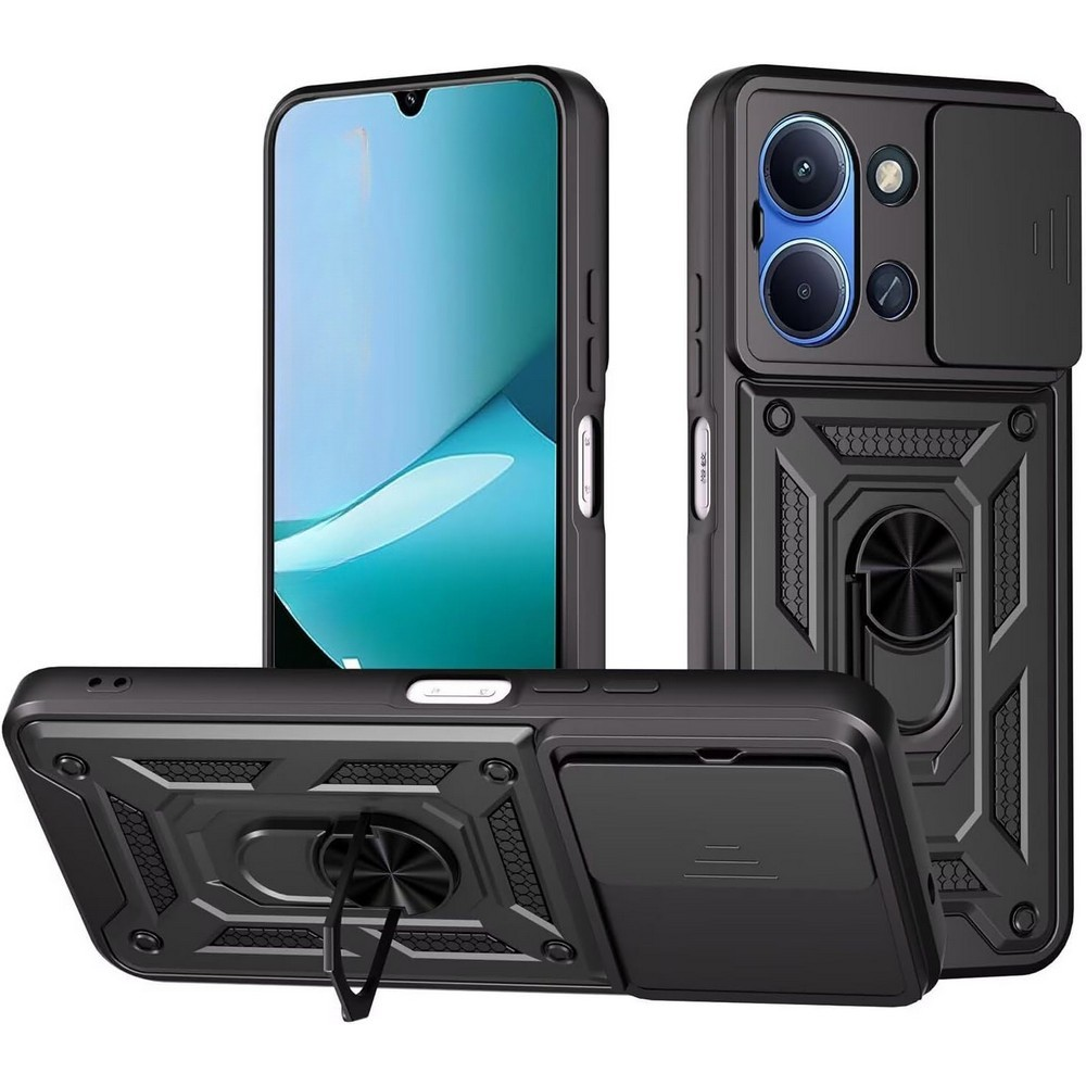 Halka tutuculu ve sürgülü kamera kapaklı siyah bir telefon kılıfının üç görünümü, beyaz arka plan üzerinde gösterilmiştir.