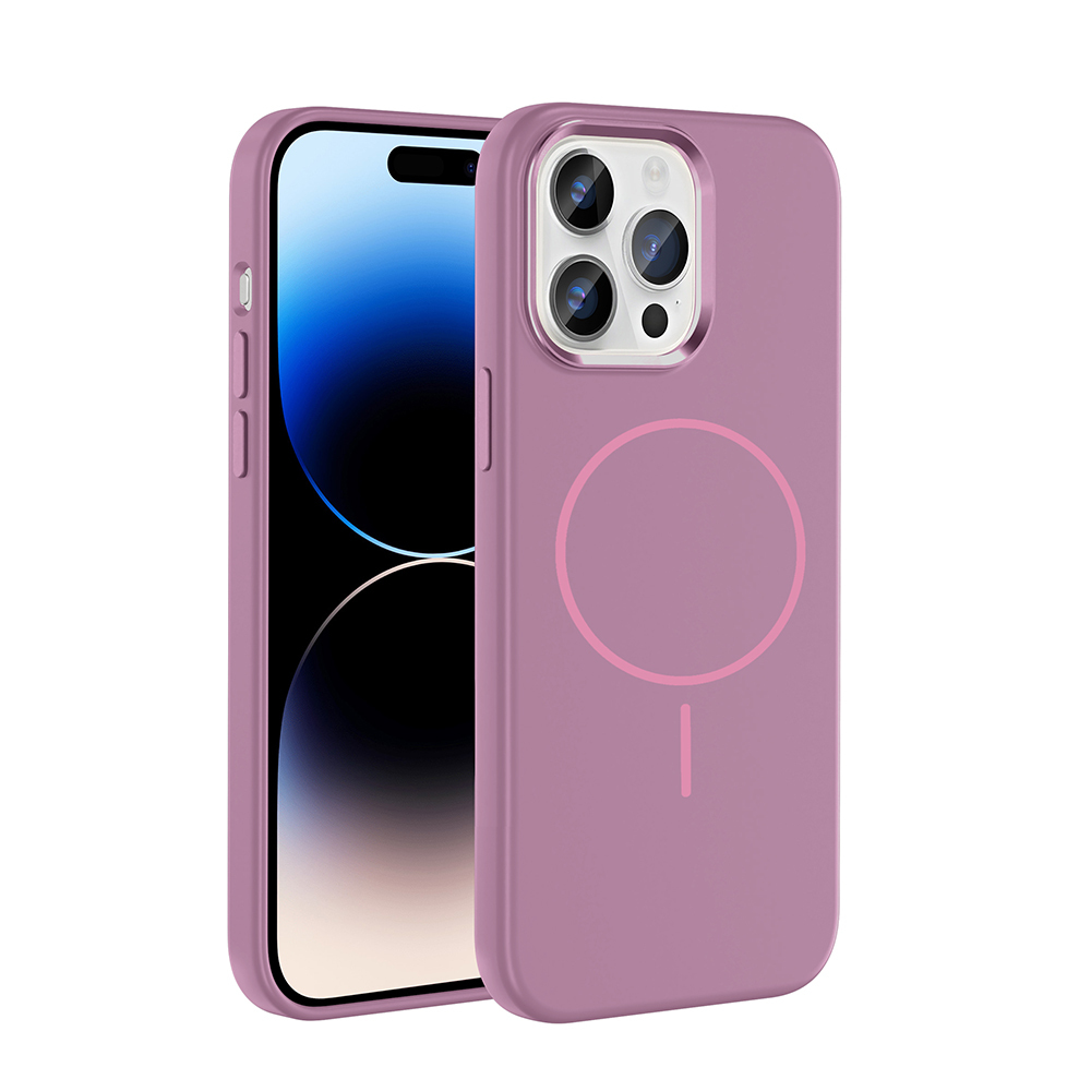Arkasında pembe daire ve çizgi deseni olan mor bir telefon kılıfı, dik duruyor ve içinde bir telefon var.