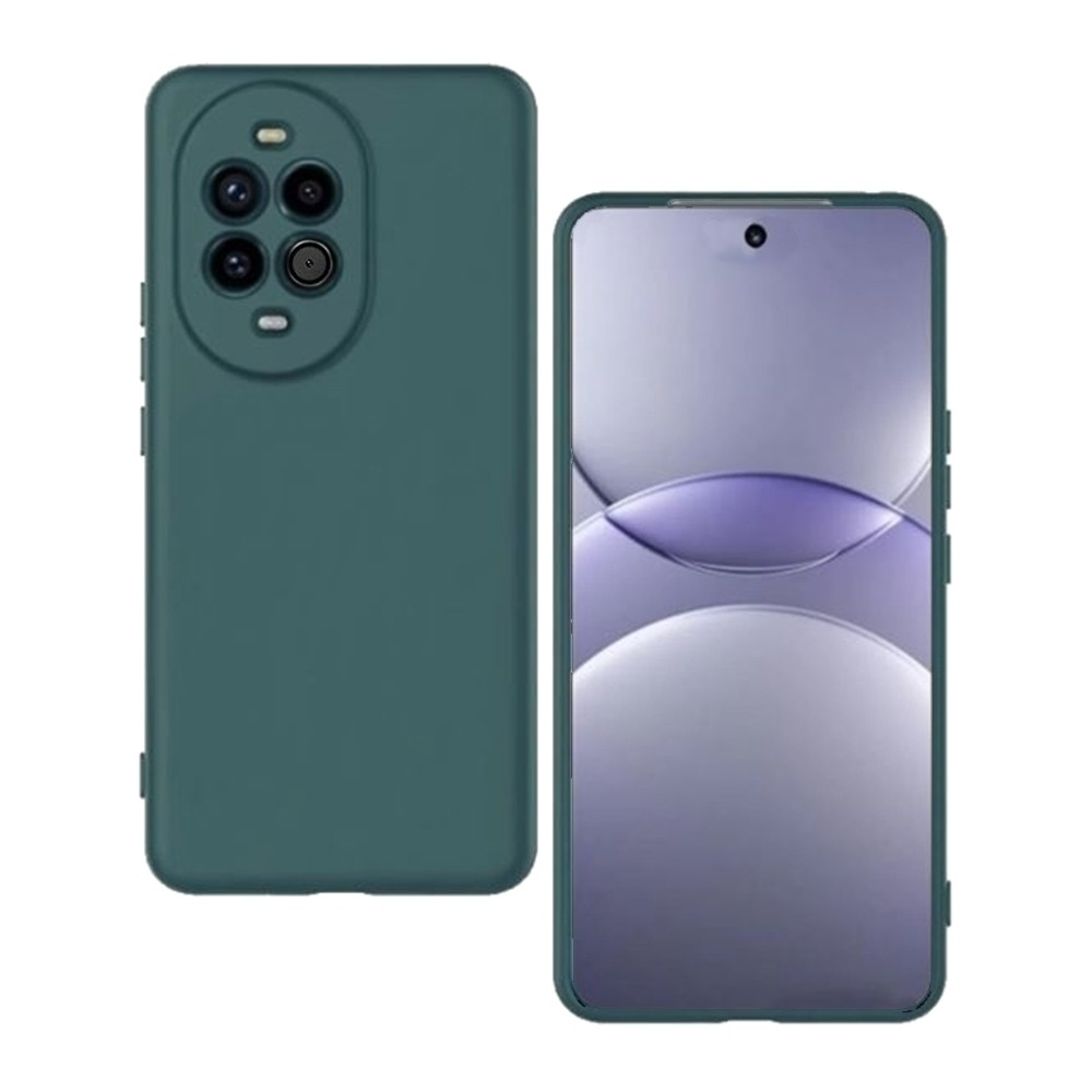 Arka tarafı görünen turkuaz bir akıllı telefon kılıfı ve mor beyaz soyut ekranı olan uyumlu bir telefon.