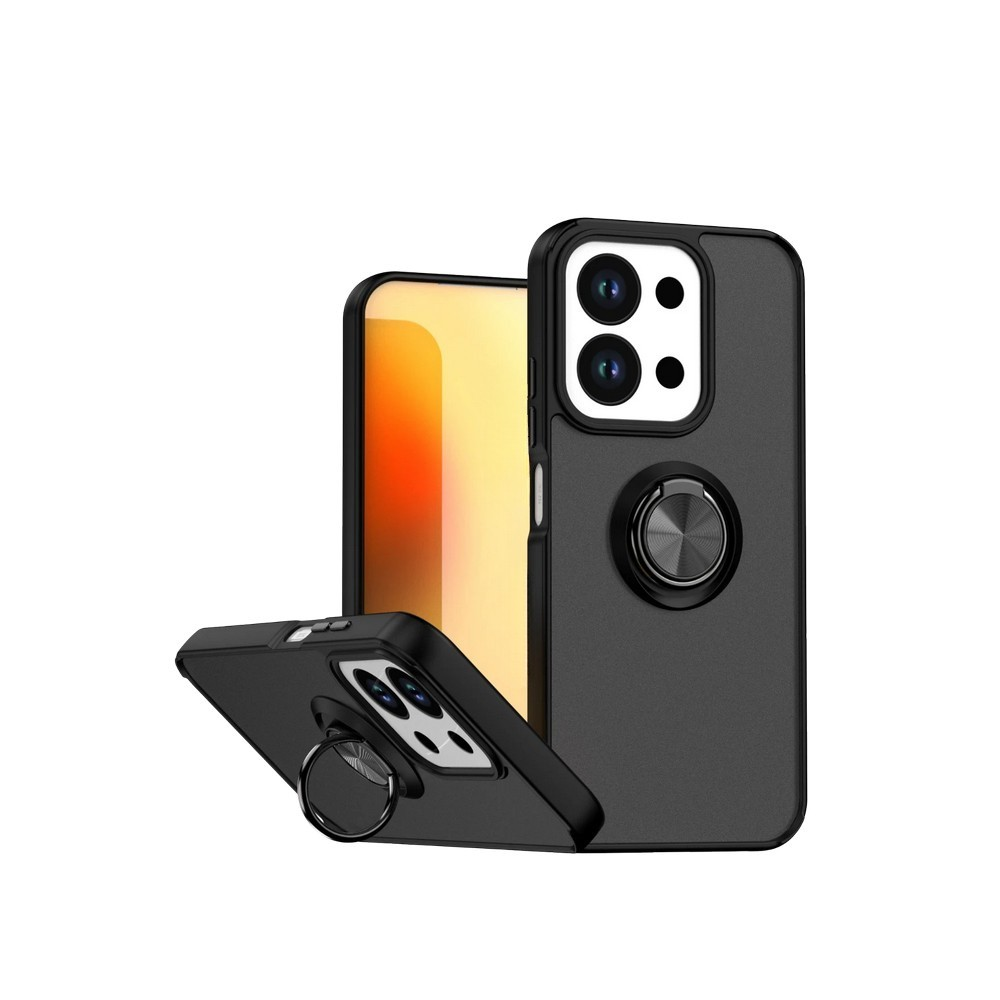 Yüzük standlı iki siyah telefon kılıfı. Biri dik, diğeri açılı duruyor, arka ve yan tarafını gösteriyor.