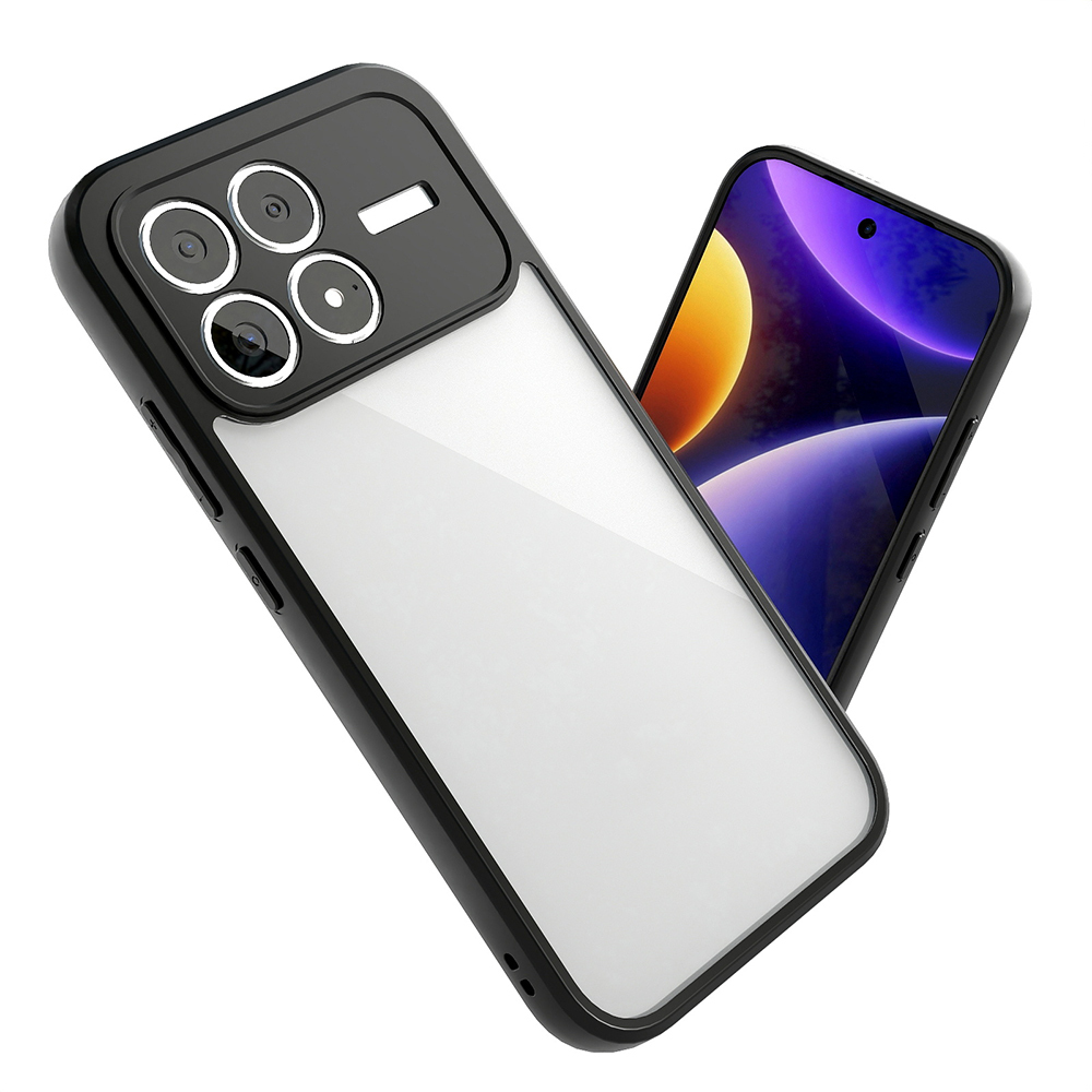 Dört kameralı, şeffaf arkalı siyah telefon kılıfı.