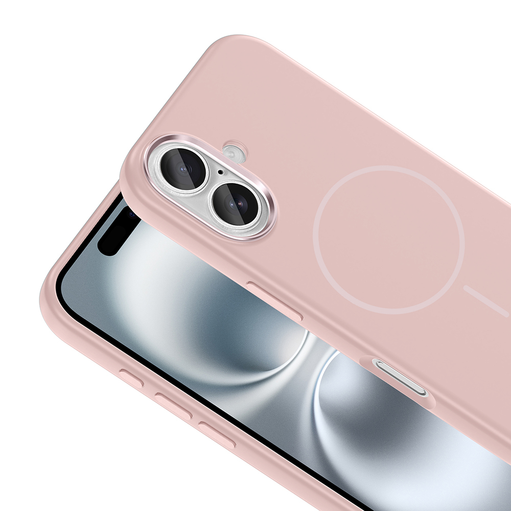 İki kamera lensli ve dairesel tasarımlı pembe telefon kılıfı.