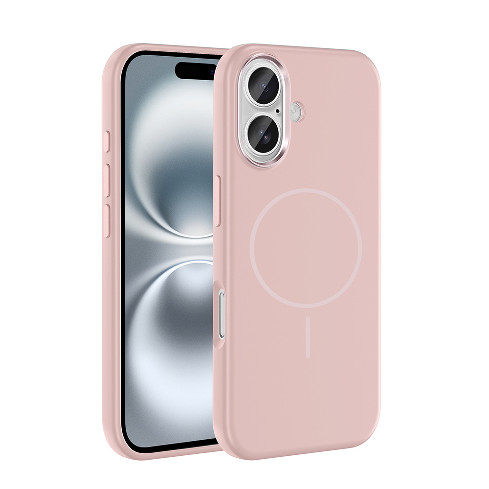 Arkada telefon bulunan pembe bir telefon kılıfı, beyaz zeminde.