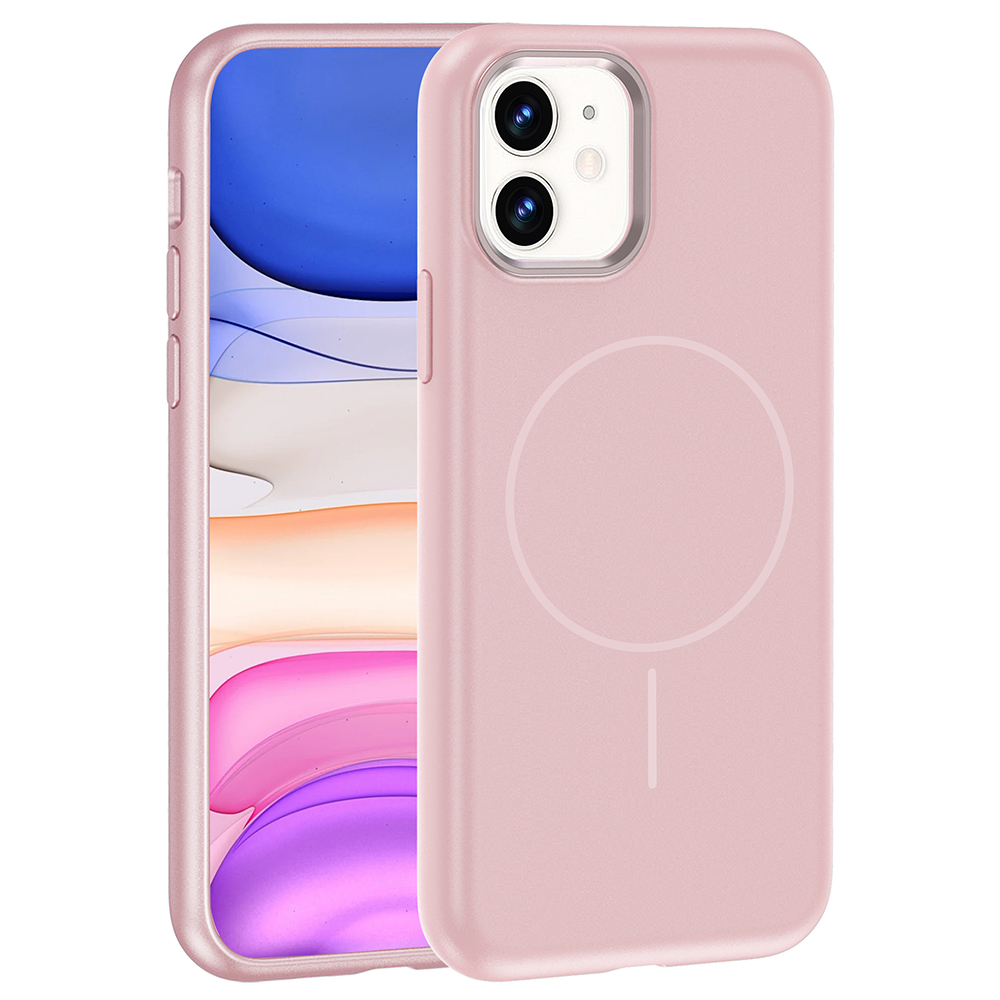 Arkada iki kamerası olan pembe bir iPhone.