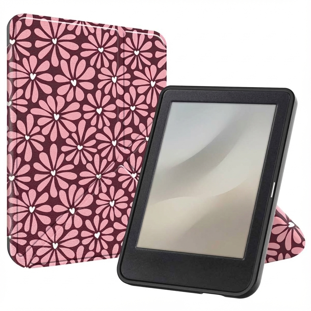 E-reader met open roze bloemen flip cover op witte achtergrond.