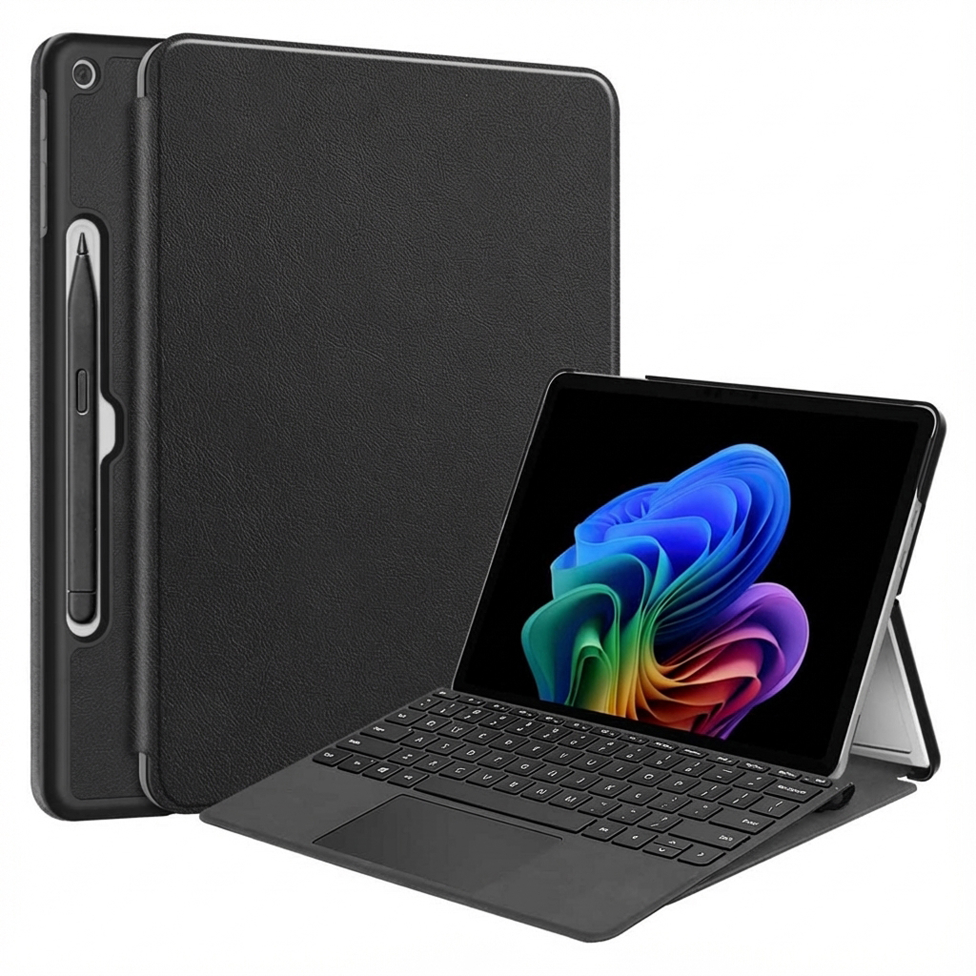 Une tablette noire avec clavier et porte-stylet, sur fond blanc.
