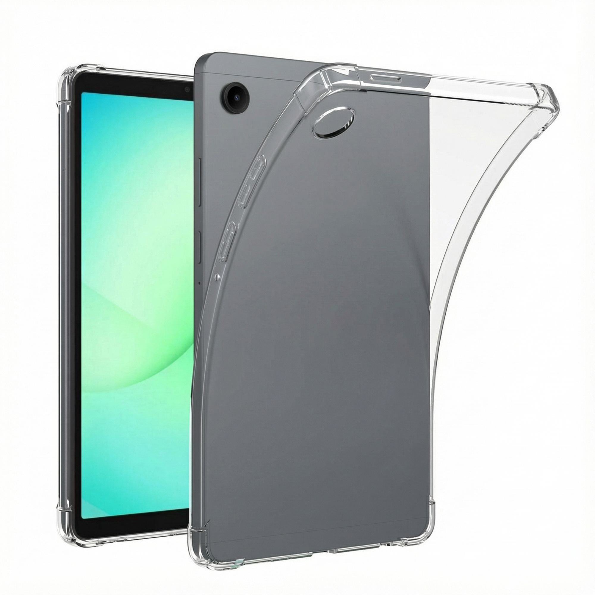 Une coque transparente et flexible pour tablette, couvrant partiellement la tablette grise avec caméra visible et écran vert.