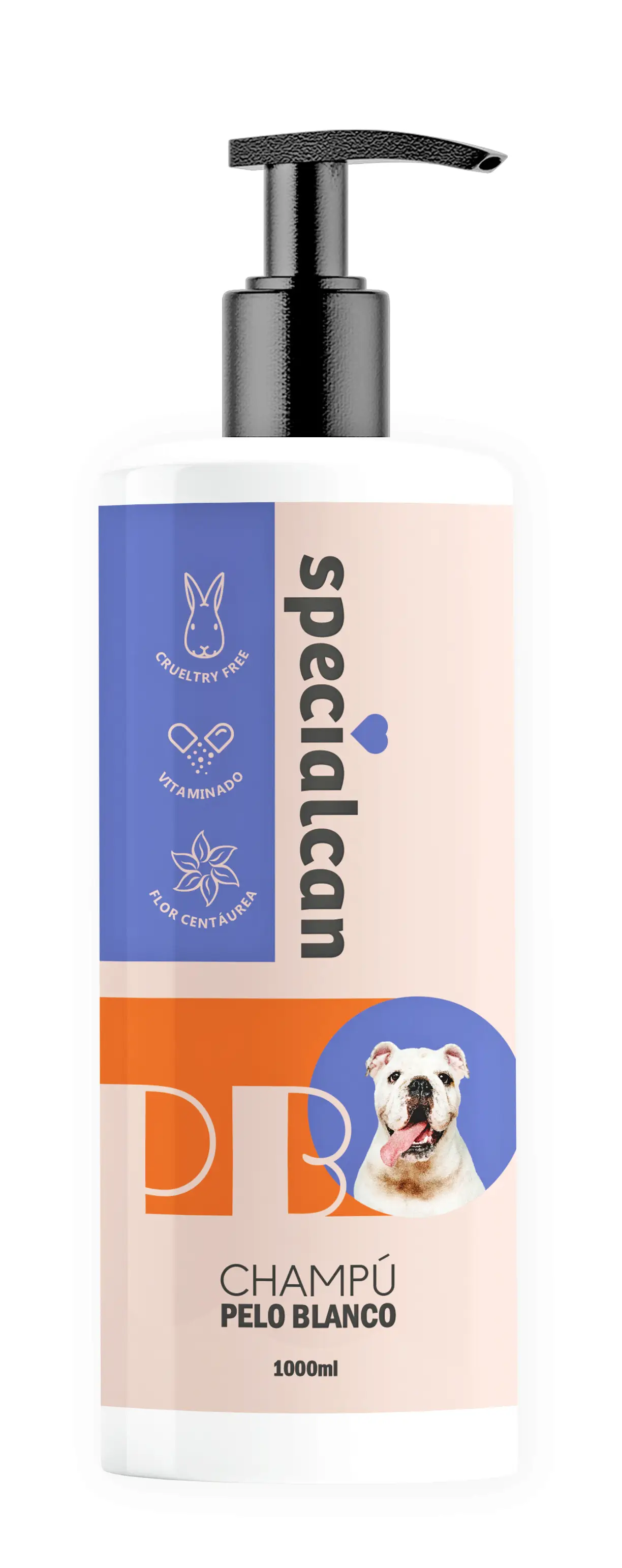 Flacone di shampoo per cani con bulldog bianco e icone "cruelty free".