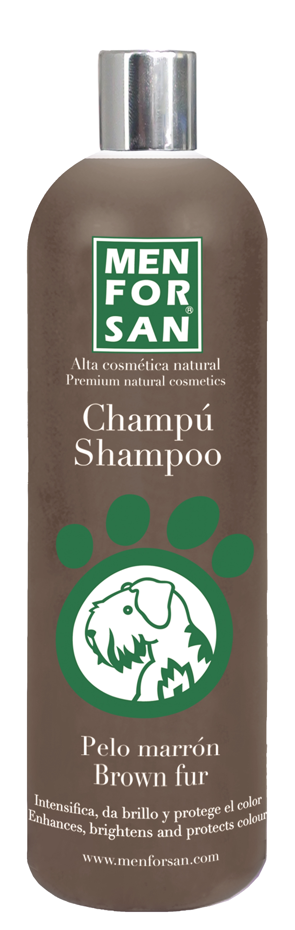 Bottiglia marrone con logo e testo per shampoo per cani.