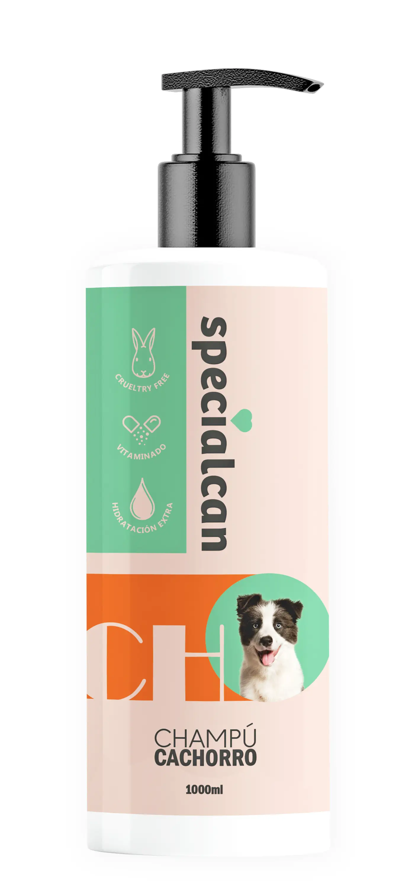 Flacone di shampoo per cani con erogatore a pompa nero, immagine di cane e testo.