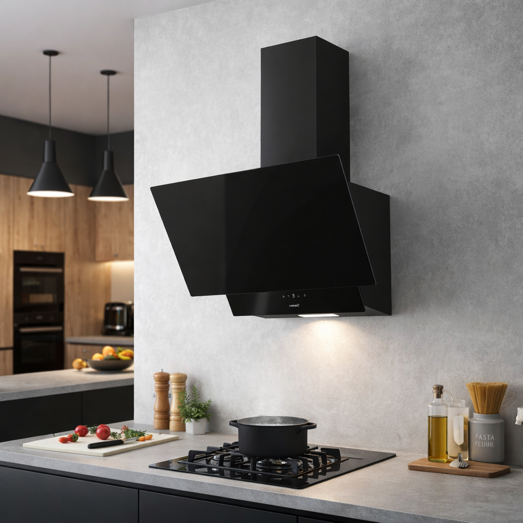 Una campana extractora negra cuelga sobre una estufa de gas con una olla hirviendo en una cocina moderna con gabinetes de madera y luces colgantes.
