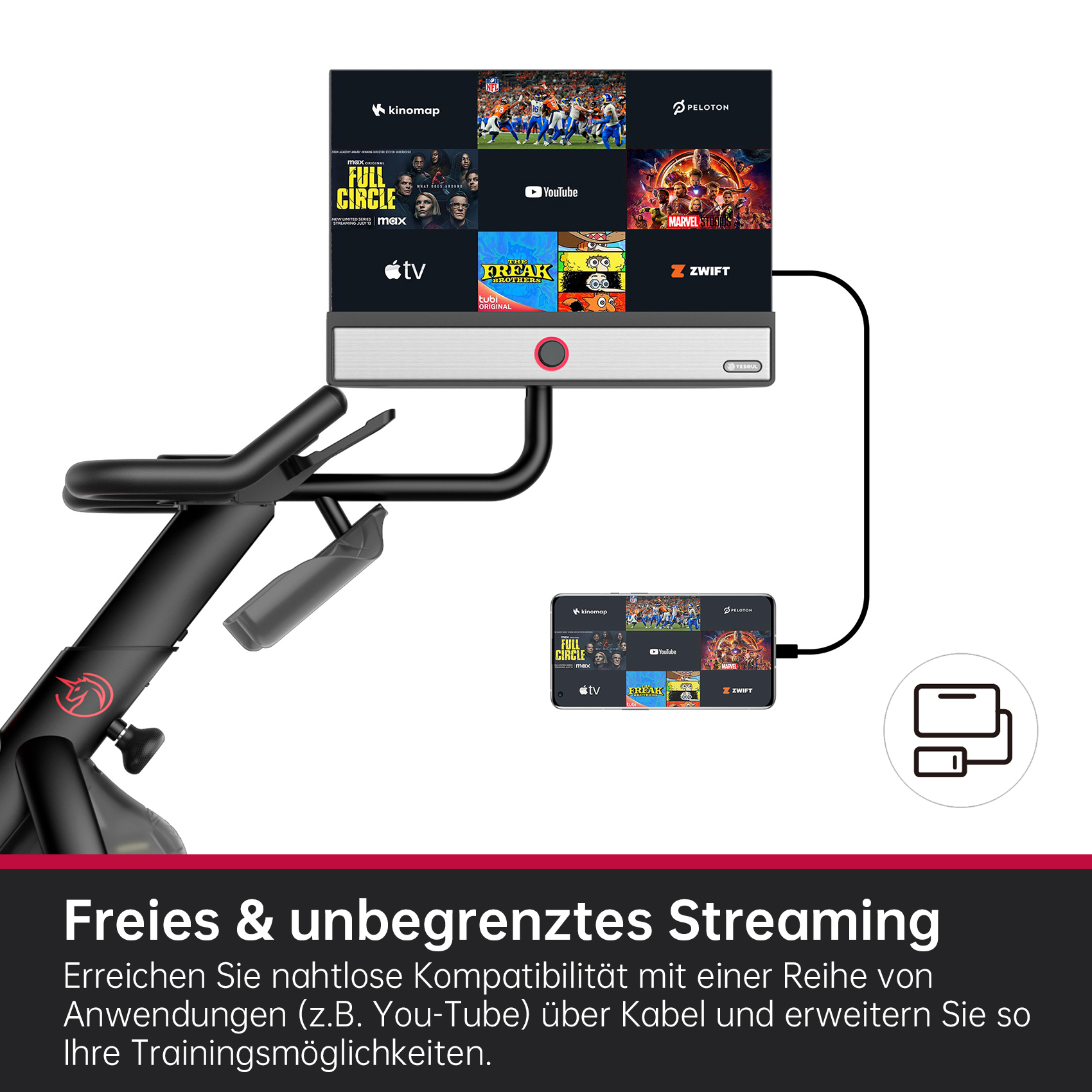 Cyclette con schermo che mostra app come Kinomap, Peloton e YouTube.