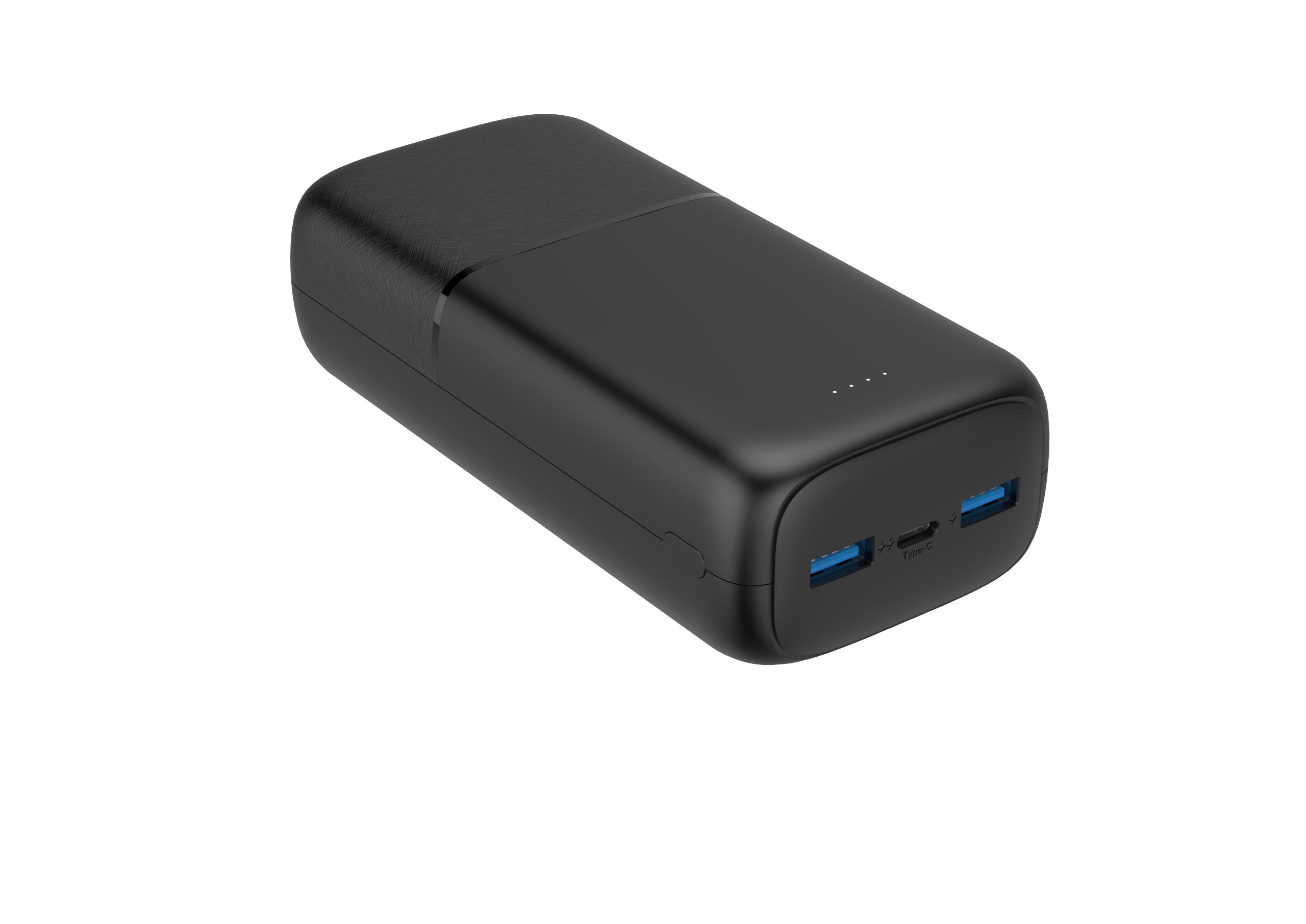Batería externa negra con dos puertos USB-A y un puerto USB-C.