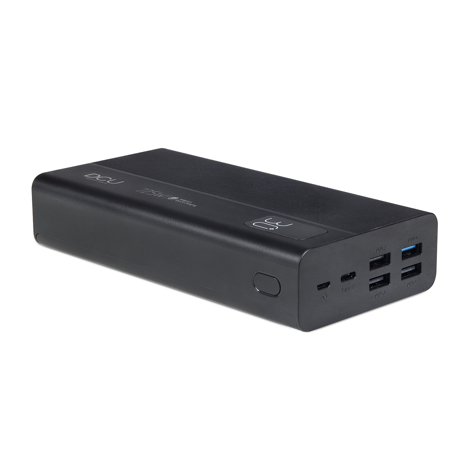 Batería externa negra DCU de 225W con puertos USB-C y USB-A.