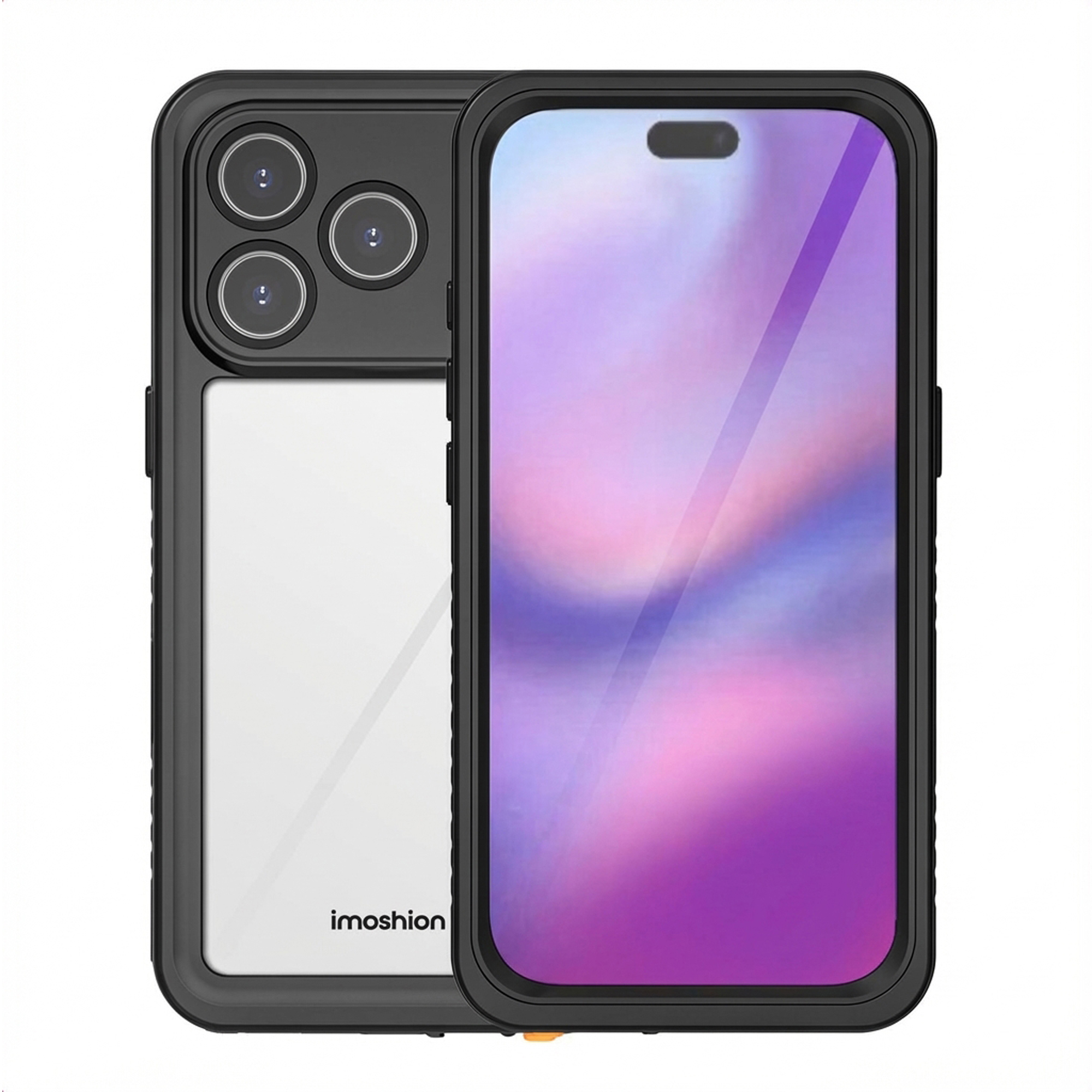Zwart telefoonhoesje met drie camera's en een paars scherm.