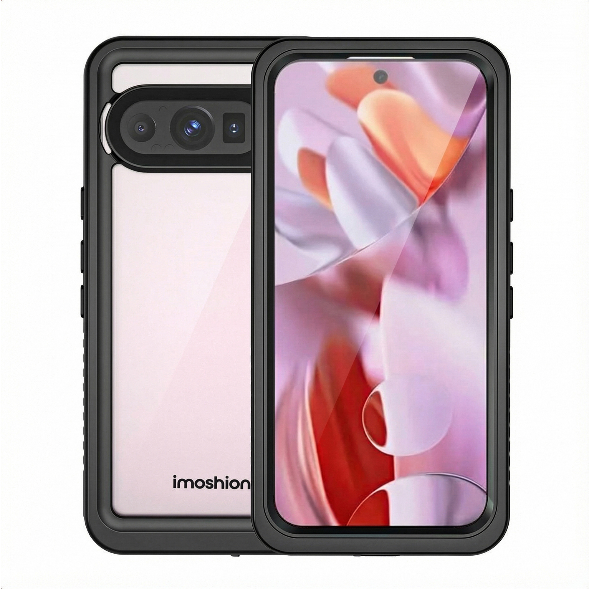 Een zwarte telefoonhoes met een doorzichtige achterkant en cameralenzen.