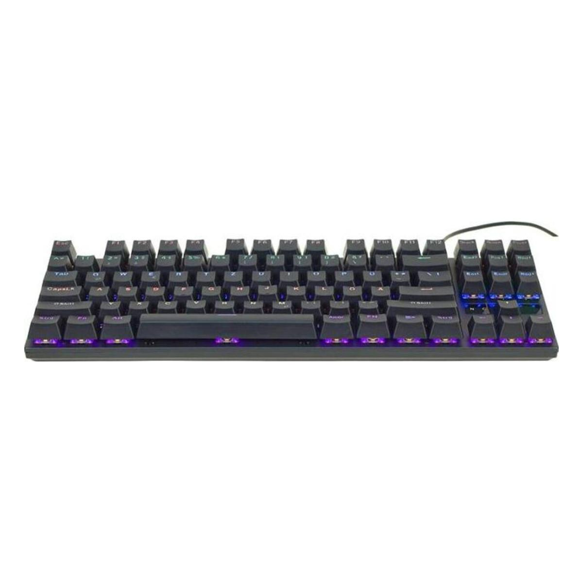 Eine dunkle Tastatur mit RGB-Beleuchtung, die auf einer weißen Fläche liegt.