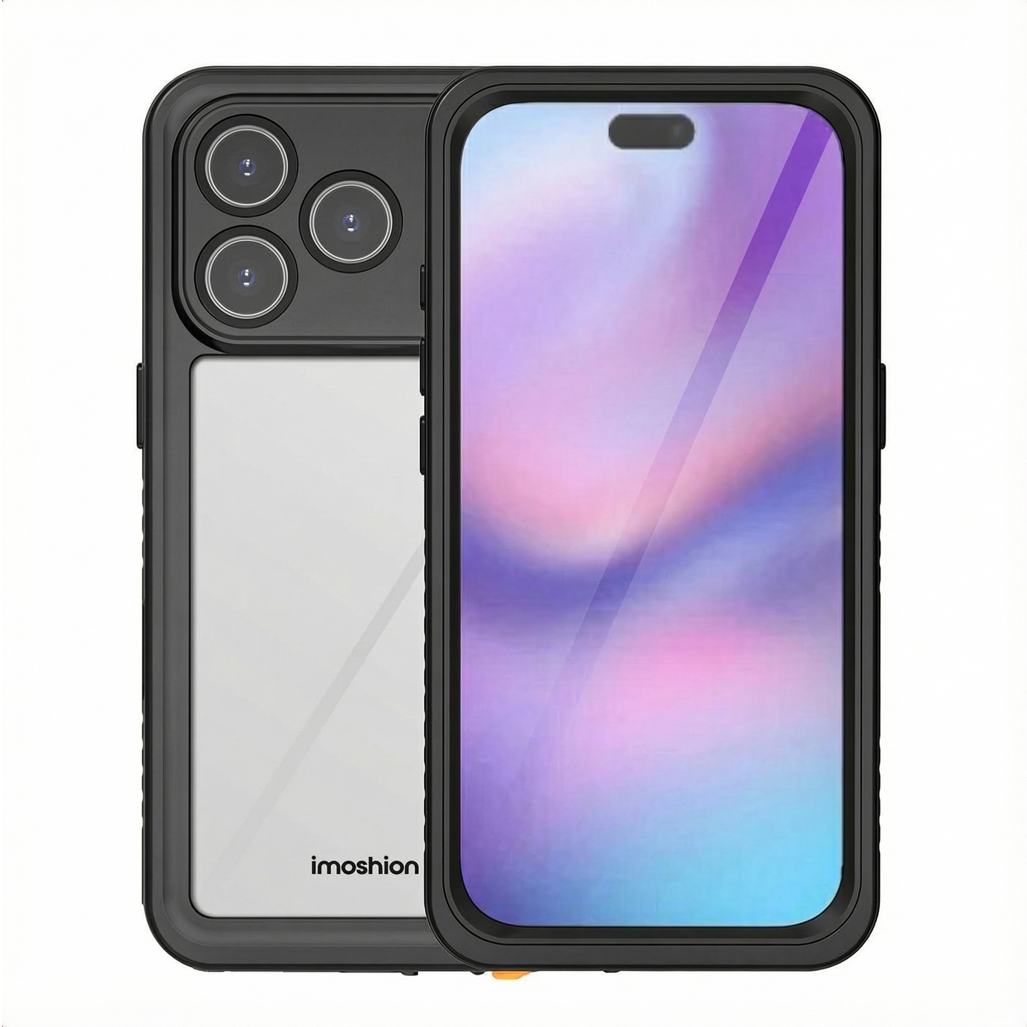 Custodia nera per smartphone con tripla fotocamera e retro trasparente.