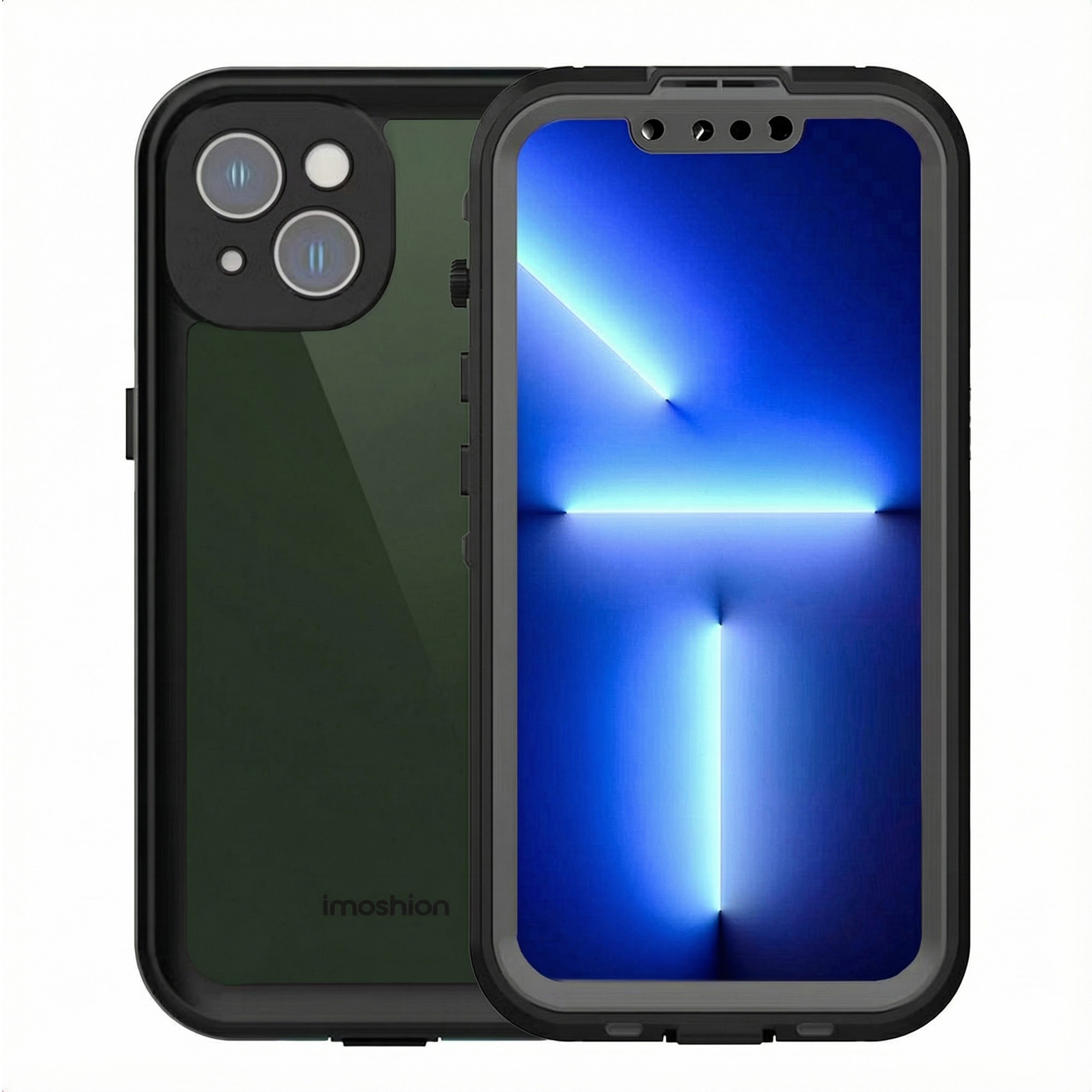 Una cover nera per iPhone con retro scuro e schermo blu.