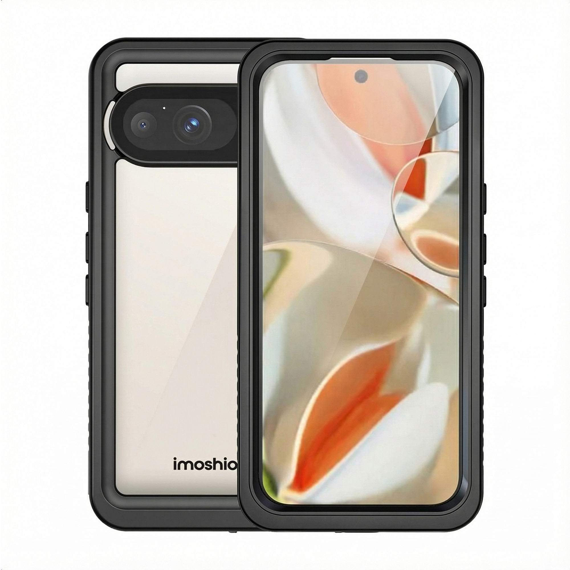 Custodia nera per telefono con due telefoni; uno mostra fotocamera, uno schermo.