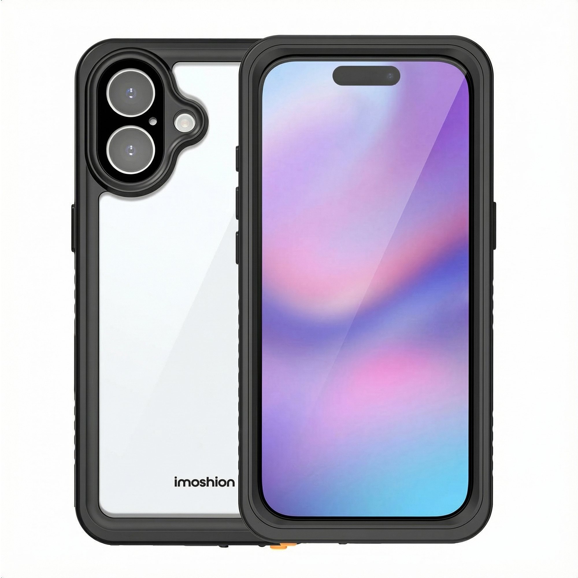 Zwarte telefoonhoes met doorzichtige achterkant en dubbele camera.