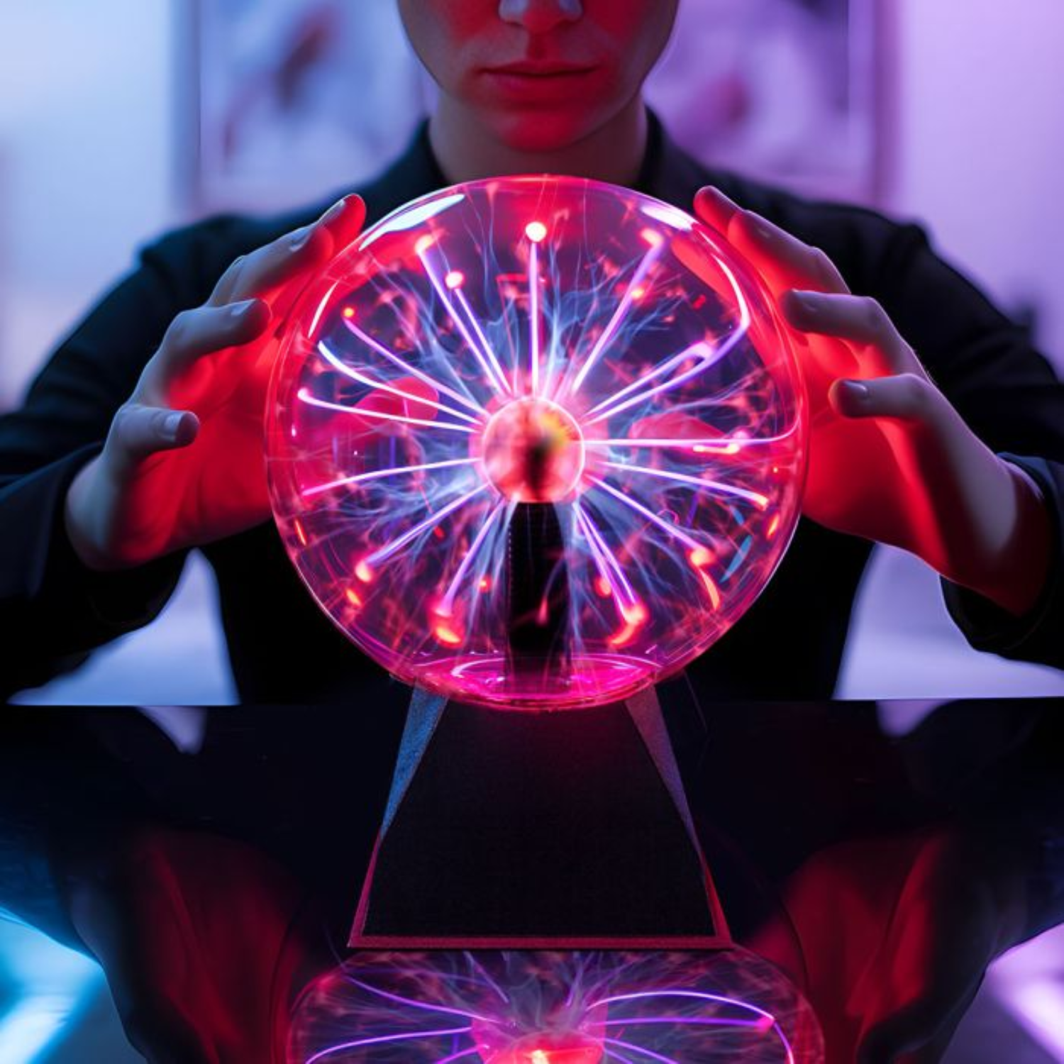 Mani che toccano una palla di plasma luminosa con striature di luce rosse e viola.