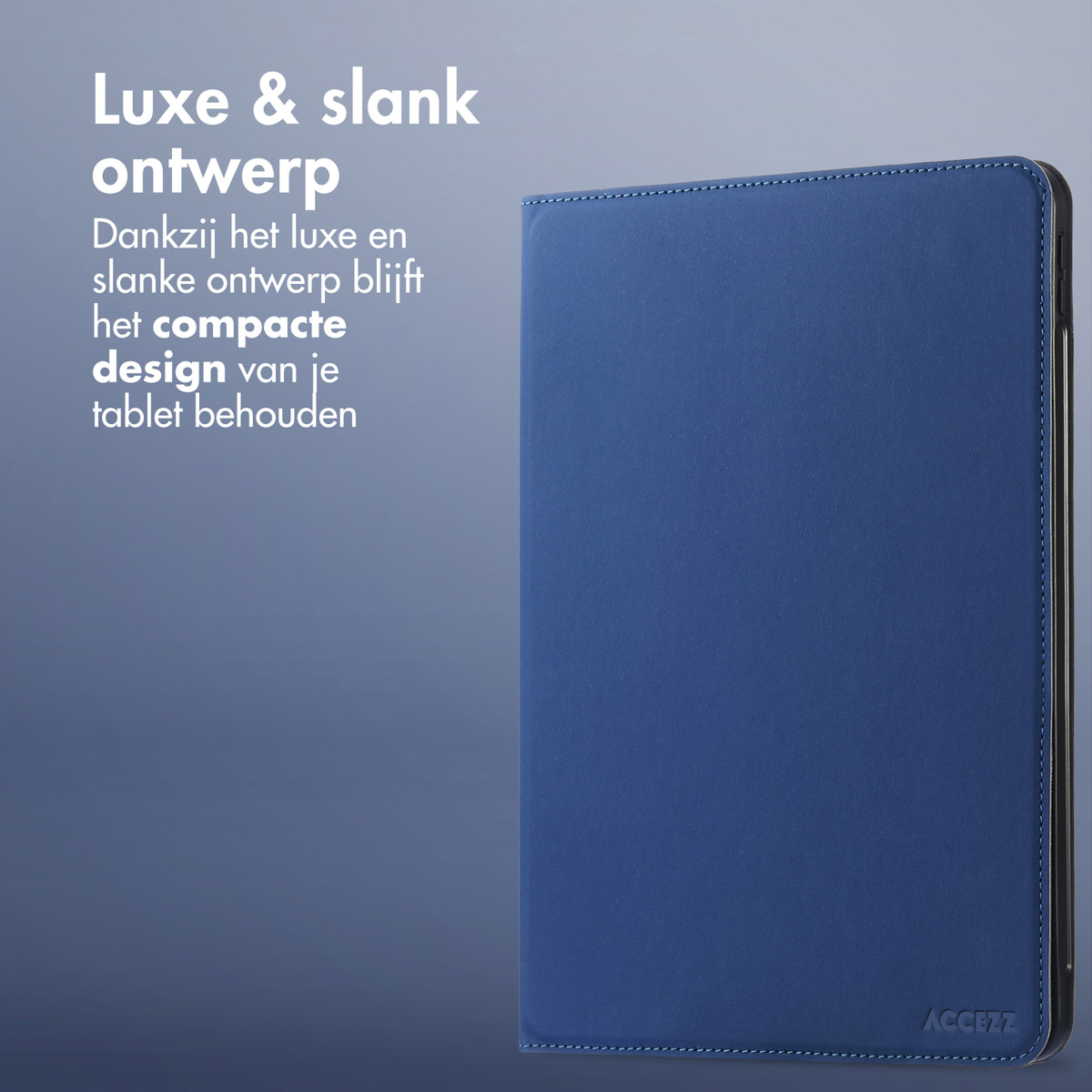 Custodia blu per tablet con logo ACCEZZ, che evidenzia lusso e design sottile.