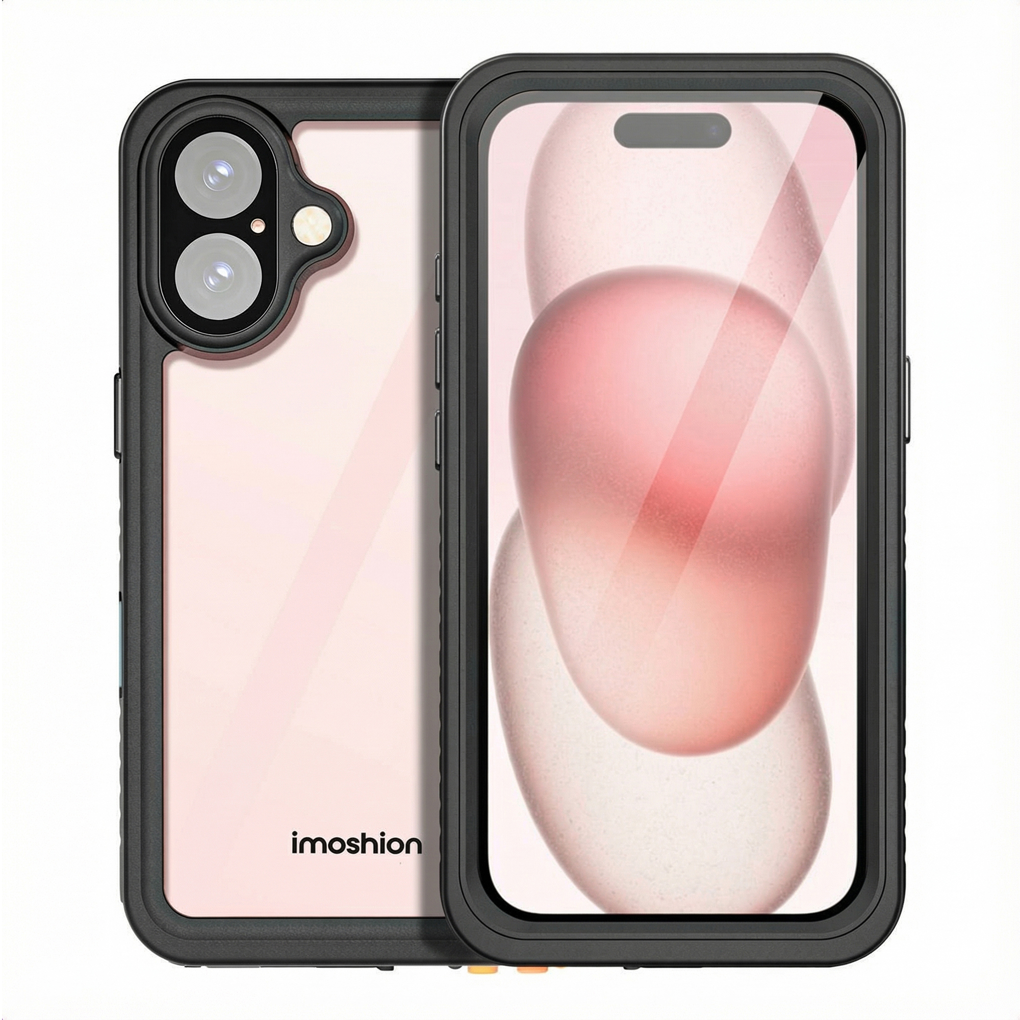 Custodia nera per smartphone con retro trasparente e due fotocamere.