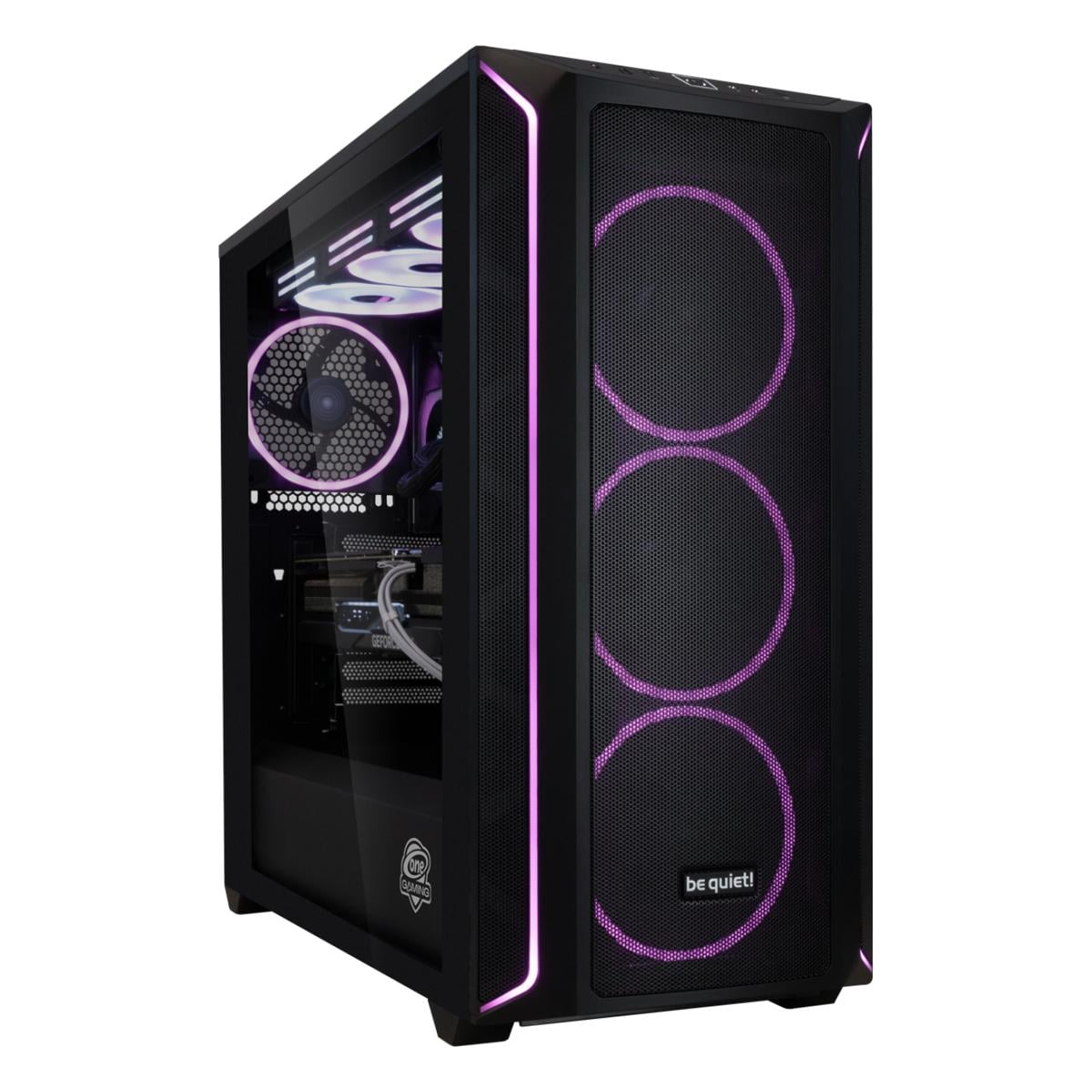 Schwarzes PC-Gehäuse mit Glasfenster und lila RGB-Beleuchtung.