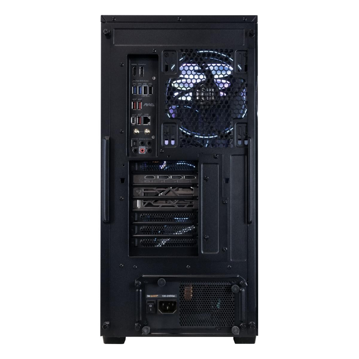 Rückseite eines schwarzen PC-Gehäuses mit Lüfter, Anschlüssen und Netzteil.