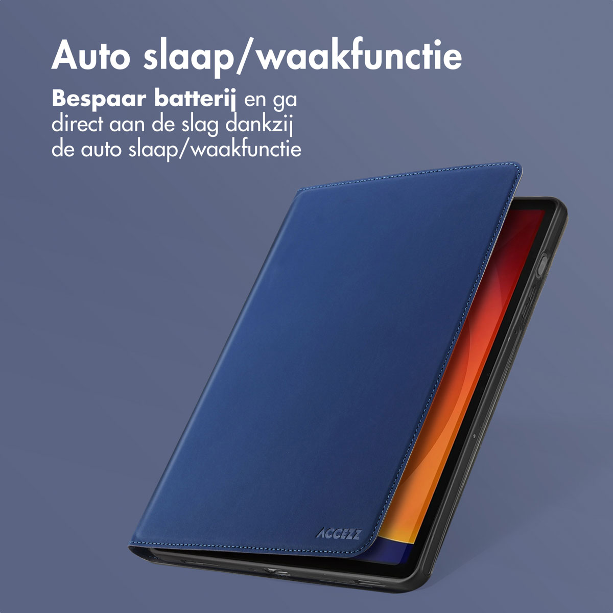 A blue tablet with a cover, showcasing auto sleep/wake function.