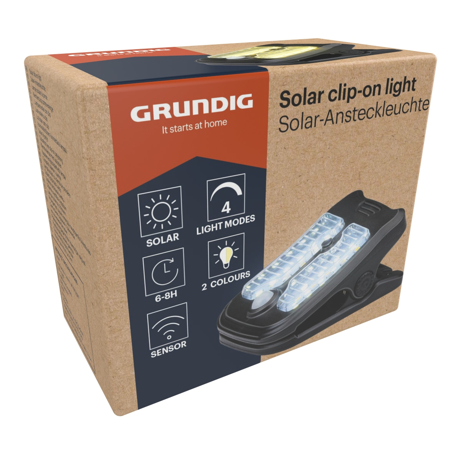 Grundig Solar Clip-on Light: 4 modes, 2 colors, sensor. Solar powered.