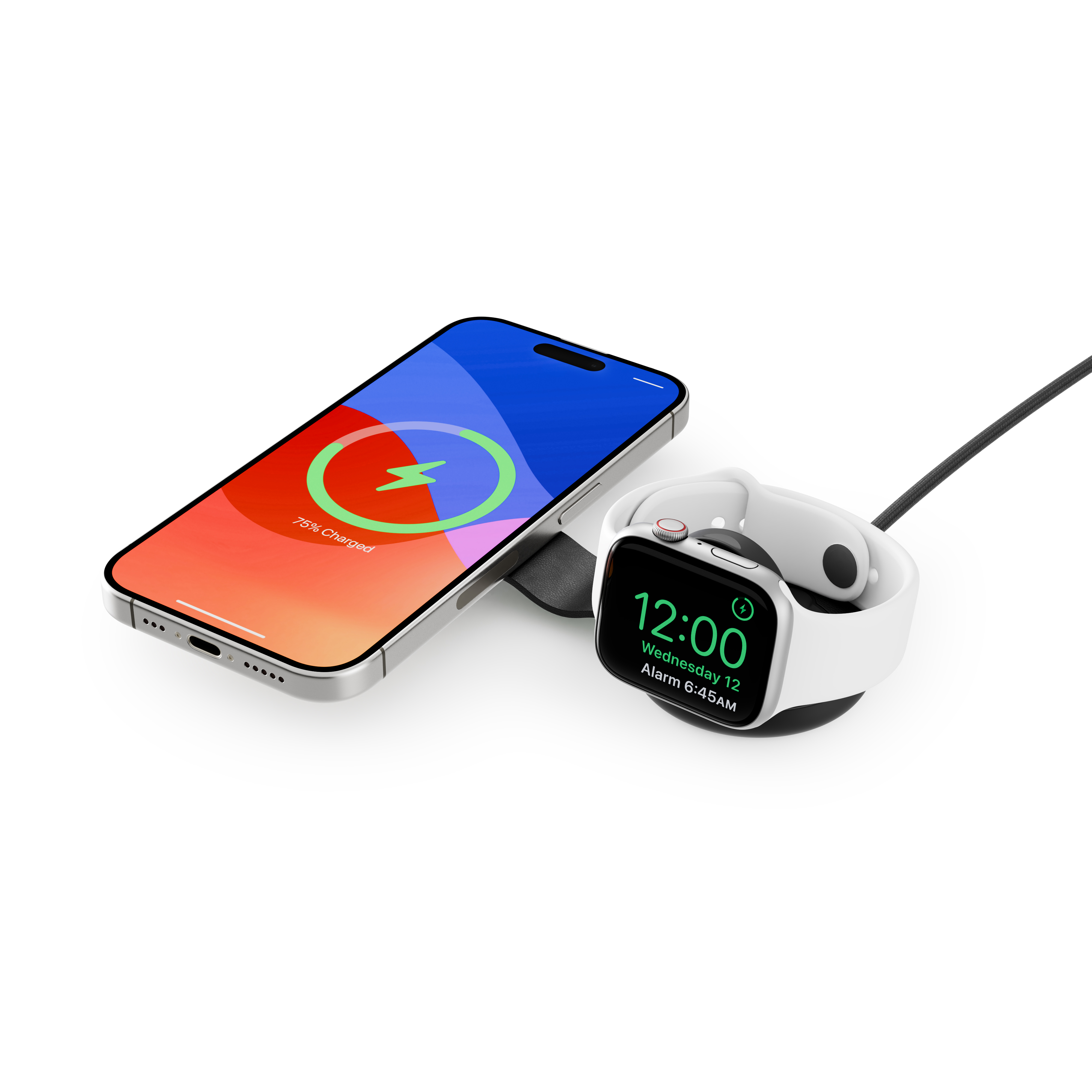 Ein Smartphone und eine Smartwatch laden auf einer Ladestation.