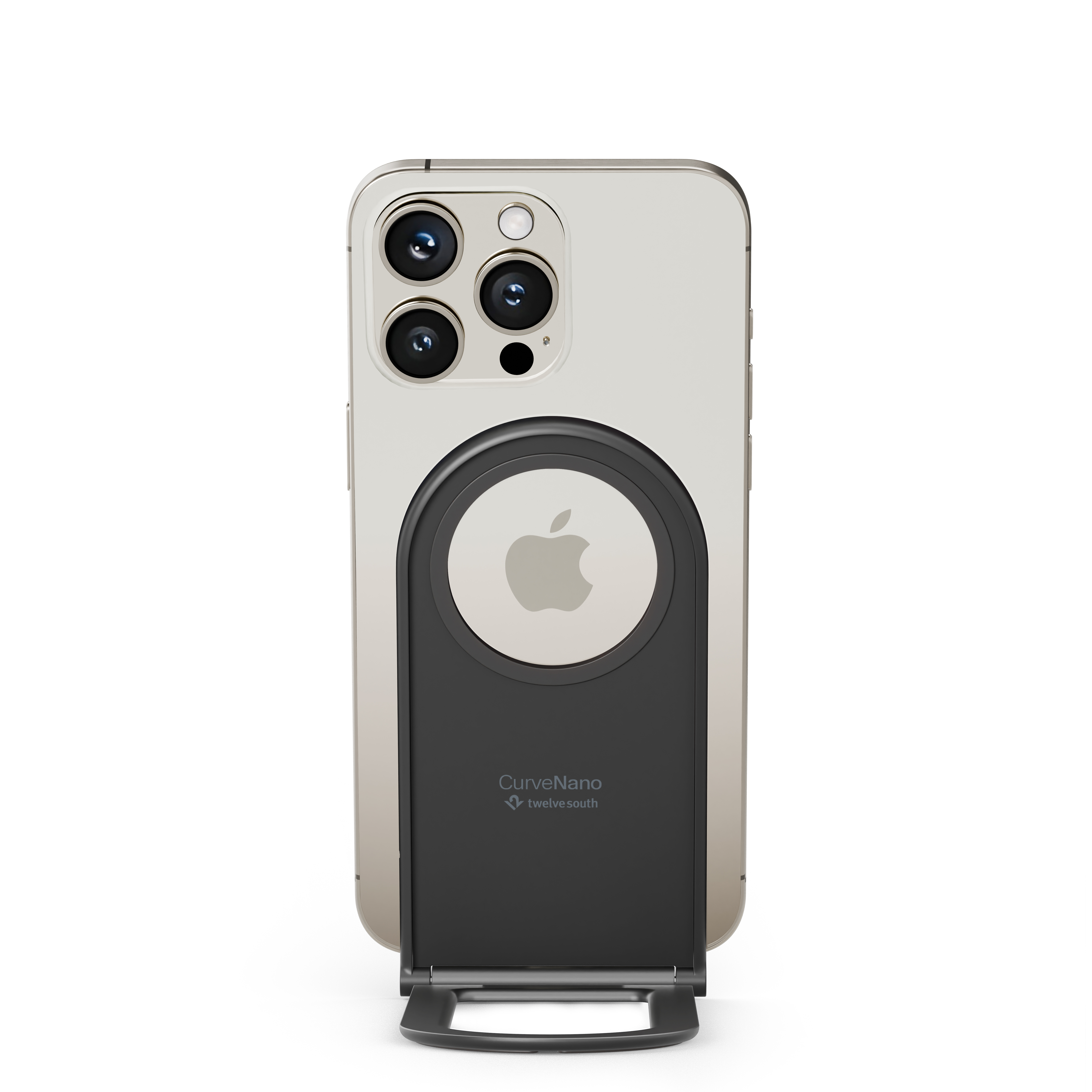 Uno smartphone con supporto nero e logo Apple sul retro, mostrato con cavalletto.