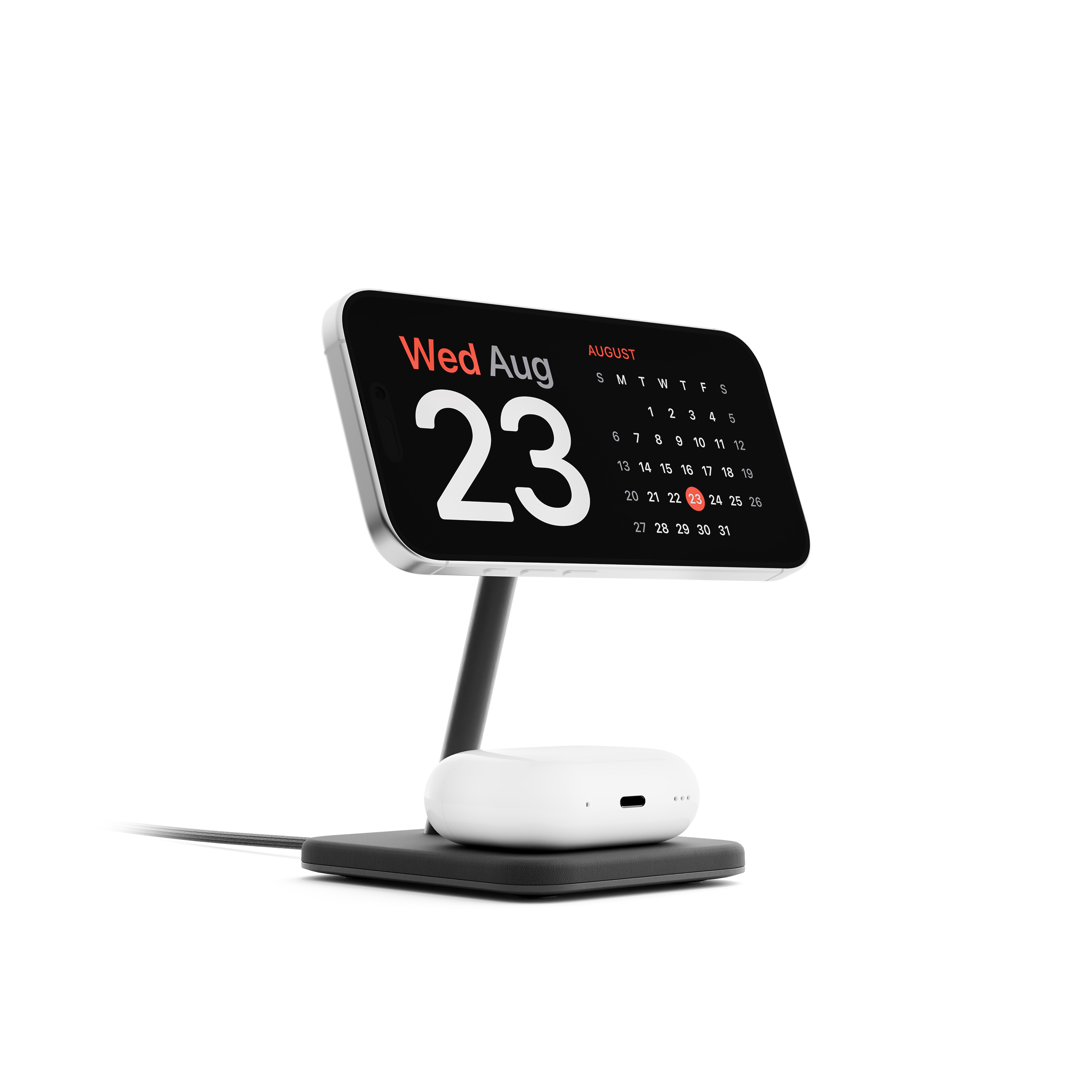 Uno smartphone mostra il 23 agosto, con un astuccio di ricarica per auricolari accanto.