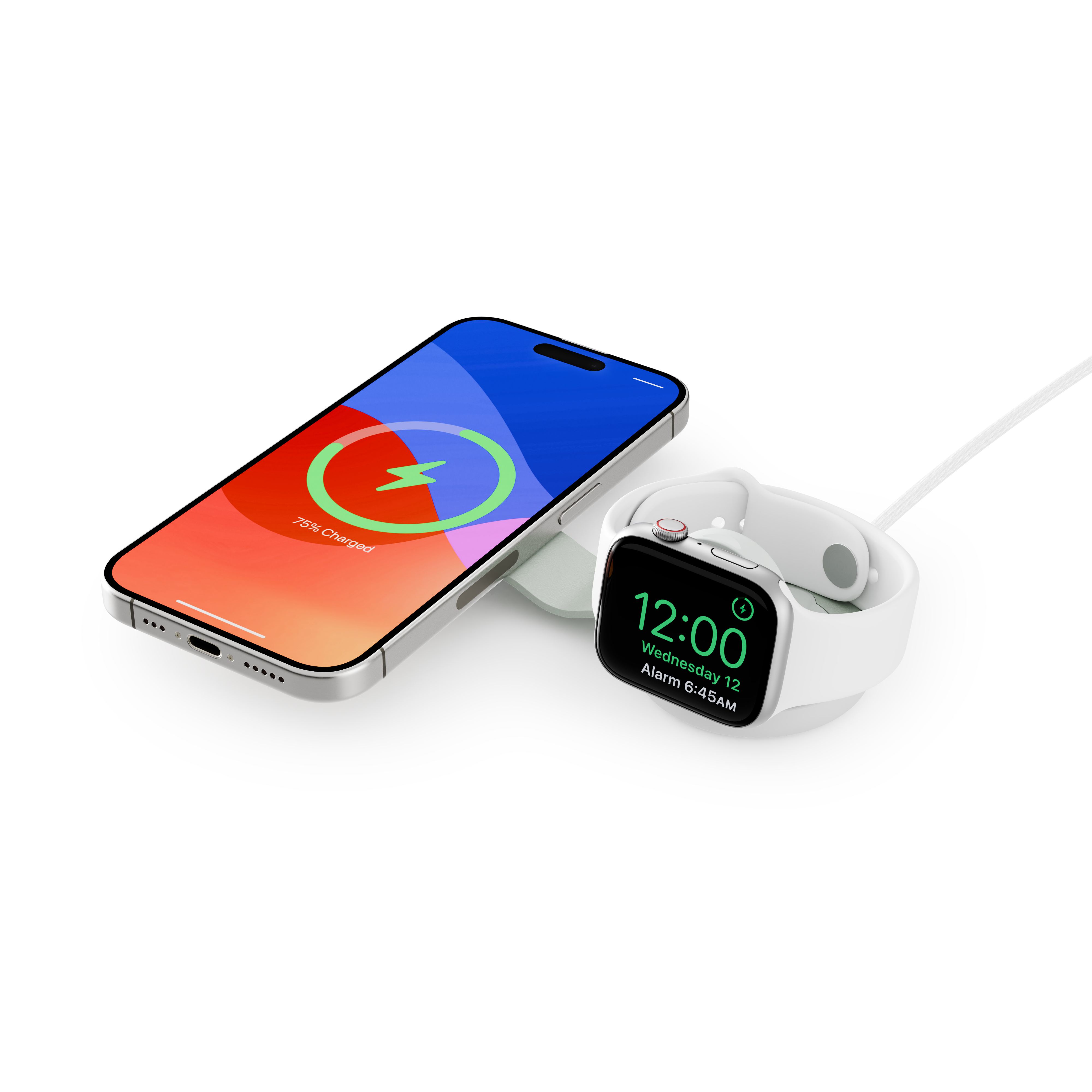 Ein weißes Smartphone und eine Smartwatch laden auf einem weißen Ladegerät.