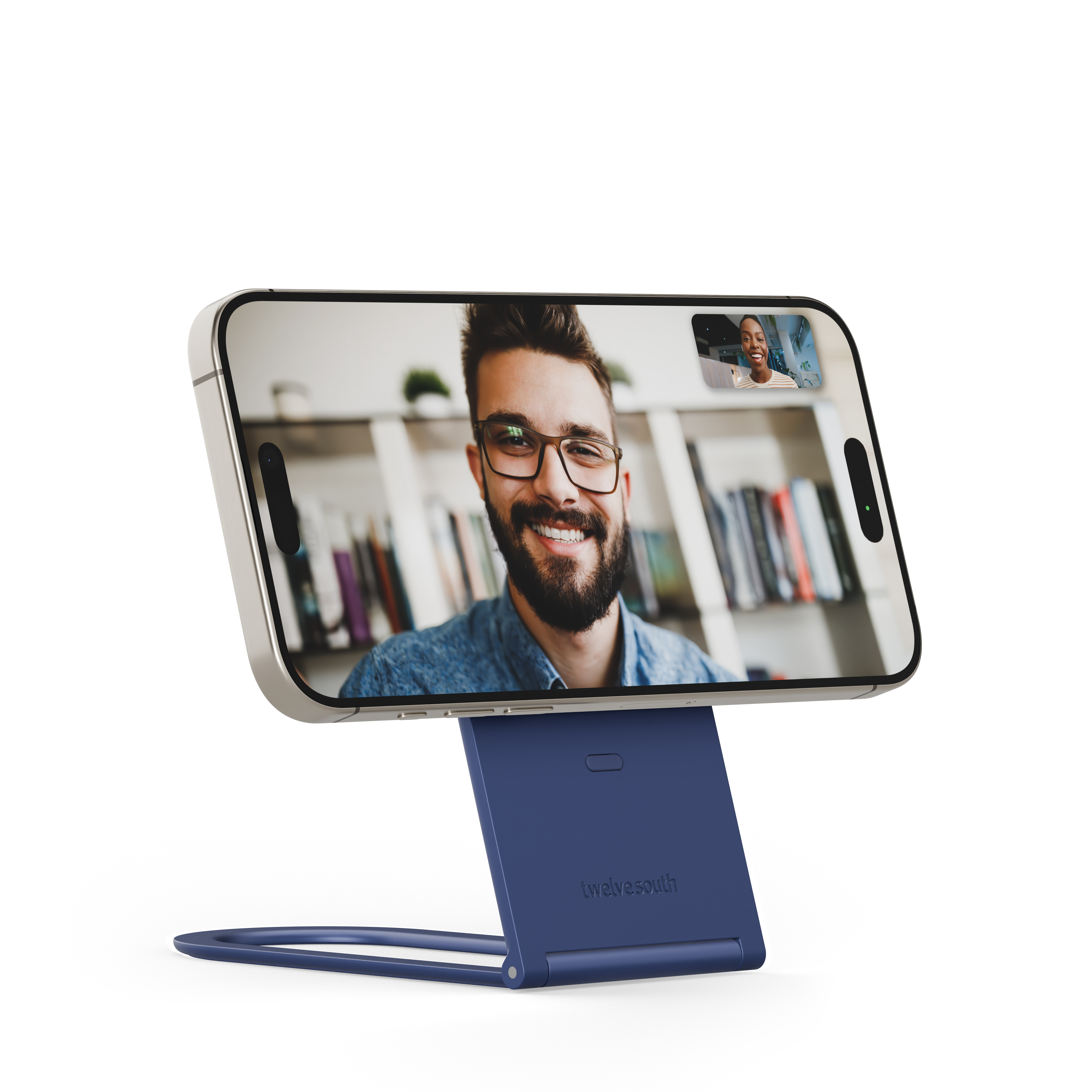 Uno smartphone su un supporto blu che mostra uno schermo di videochiamata.