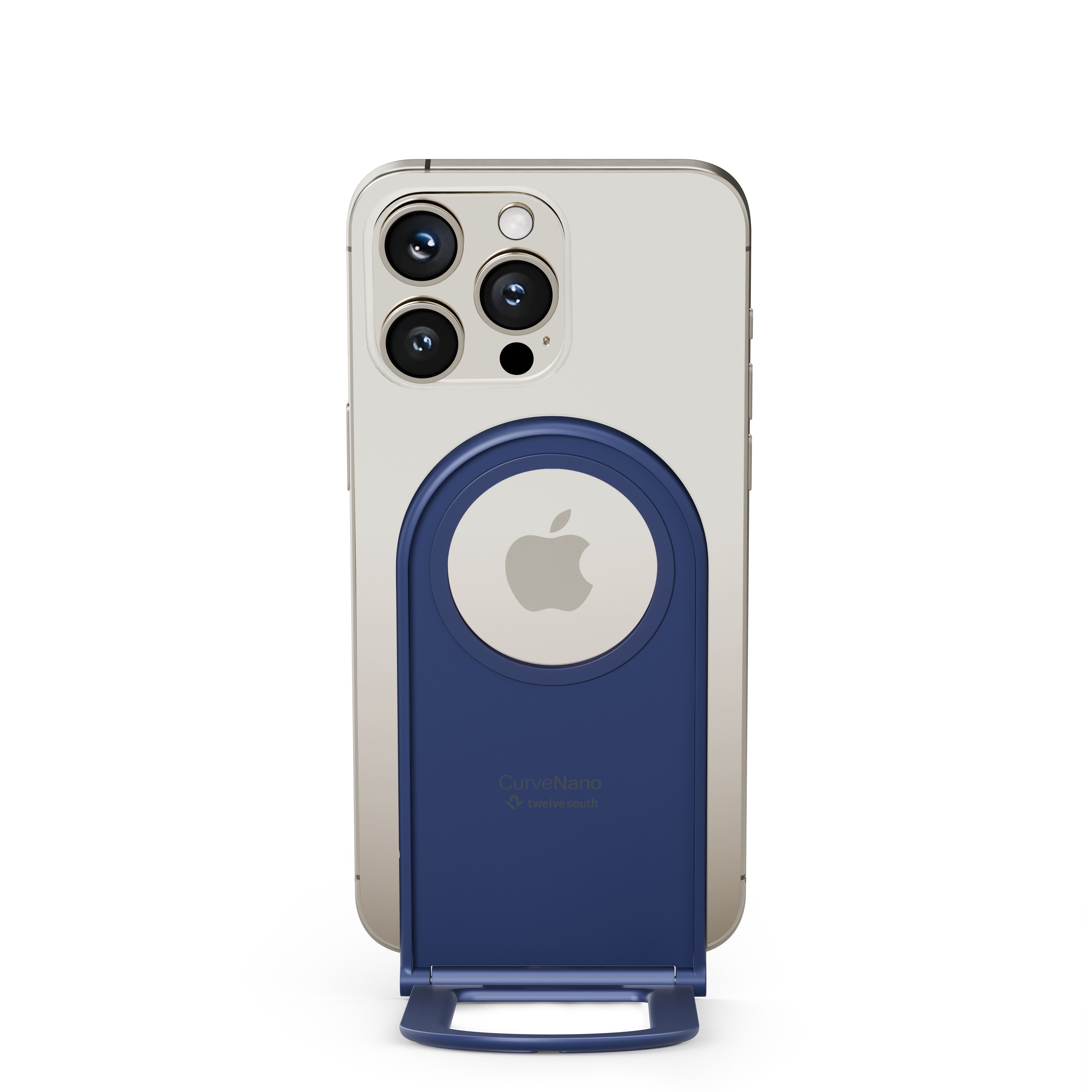 Un iPhone argento con supporto blu e logo Apple.