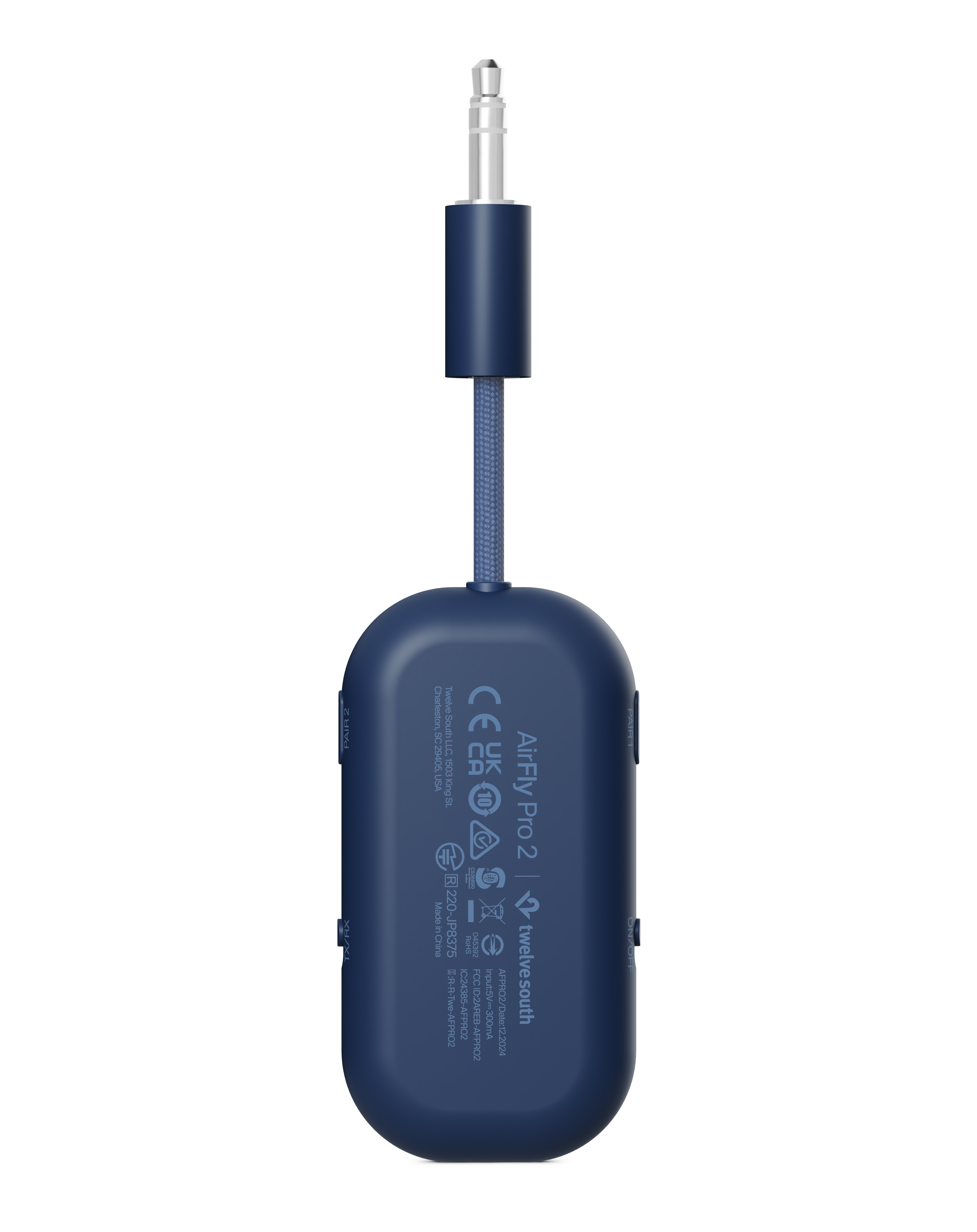 Dispositivo AirFly Pro 2 blu scuro con spina da 3,5 mm e cavo intrecciato.