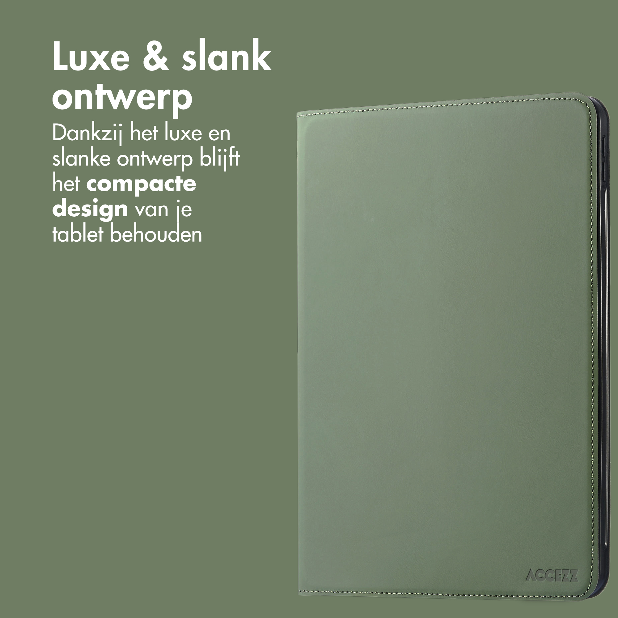Groen tablethoes met tekst 'Luxe & slank ontwerp' en logo.