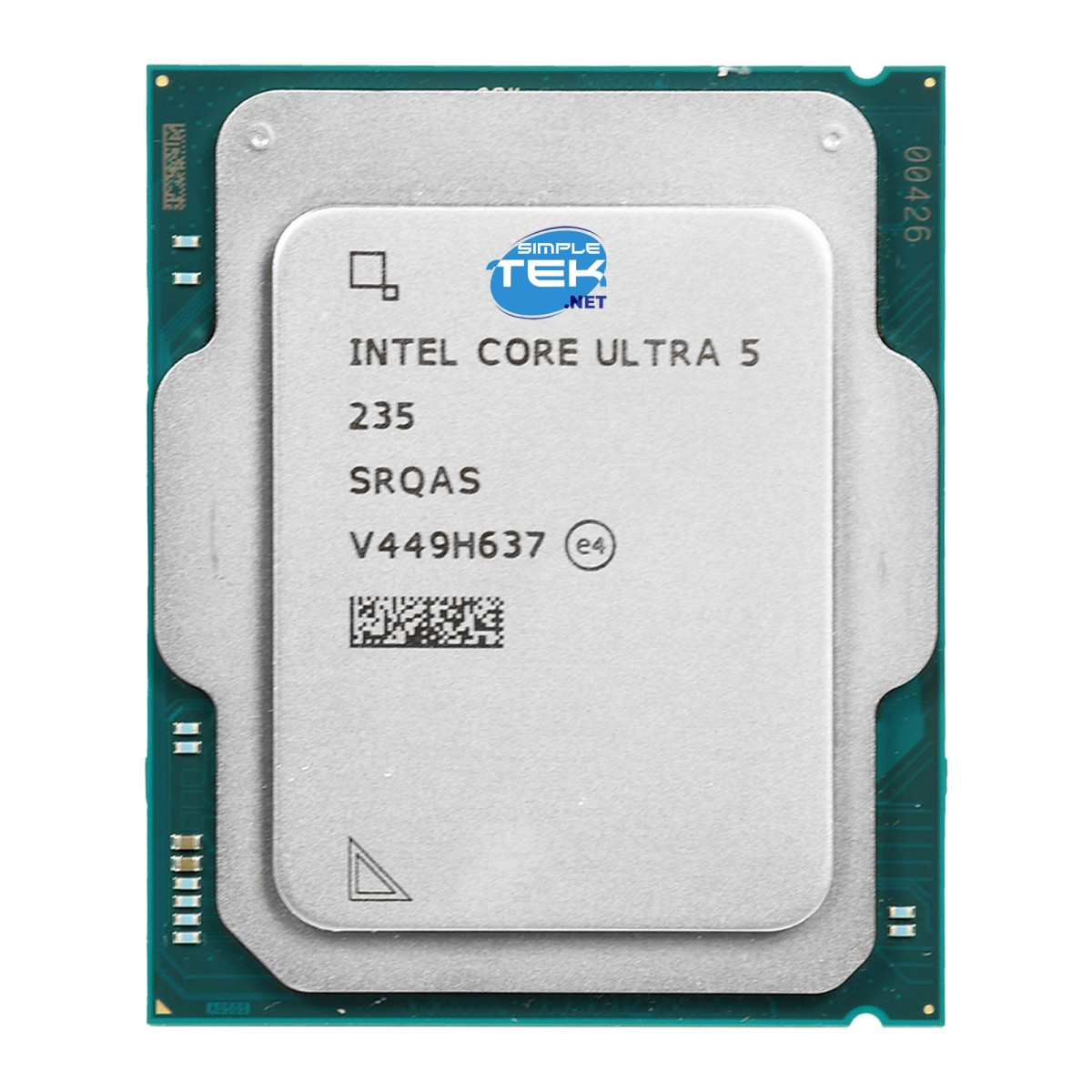 Procesor Intel Core Ultra 5 235 z srebrnym radiatorem i zieloną płytką drukowaną.