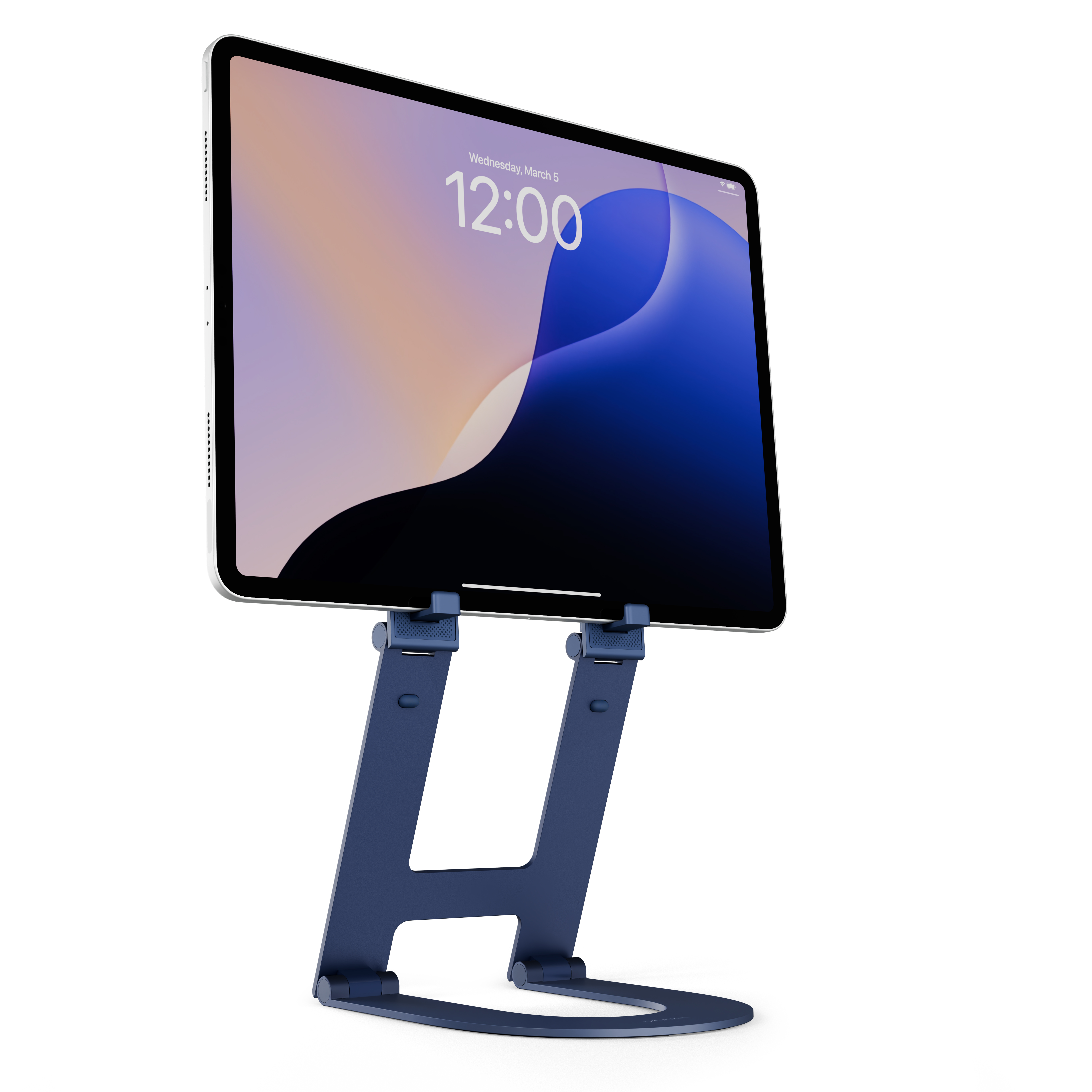 Un support de tablette bleu foncé tenant une tablette affichant 12h00 à l'écran.
