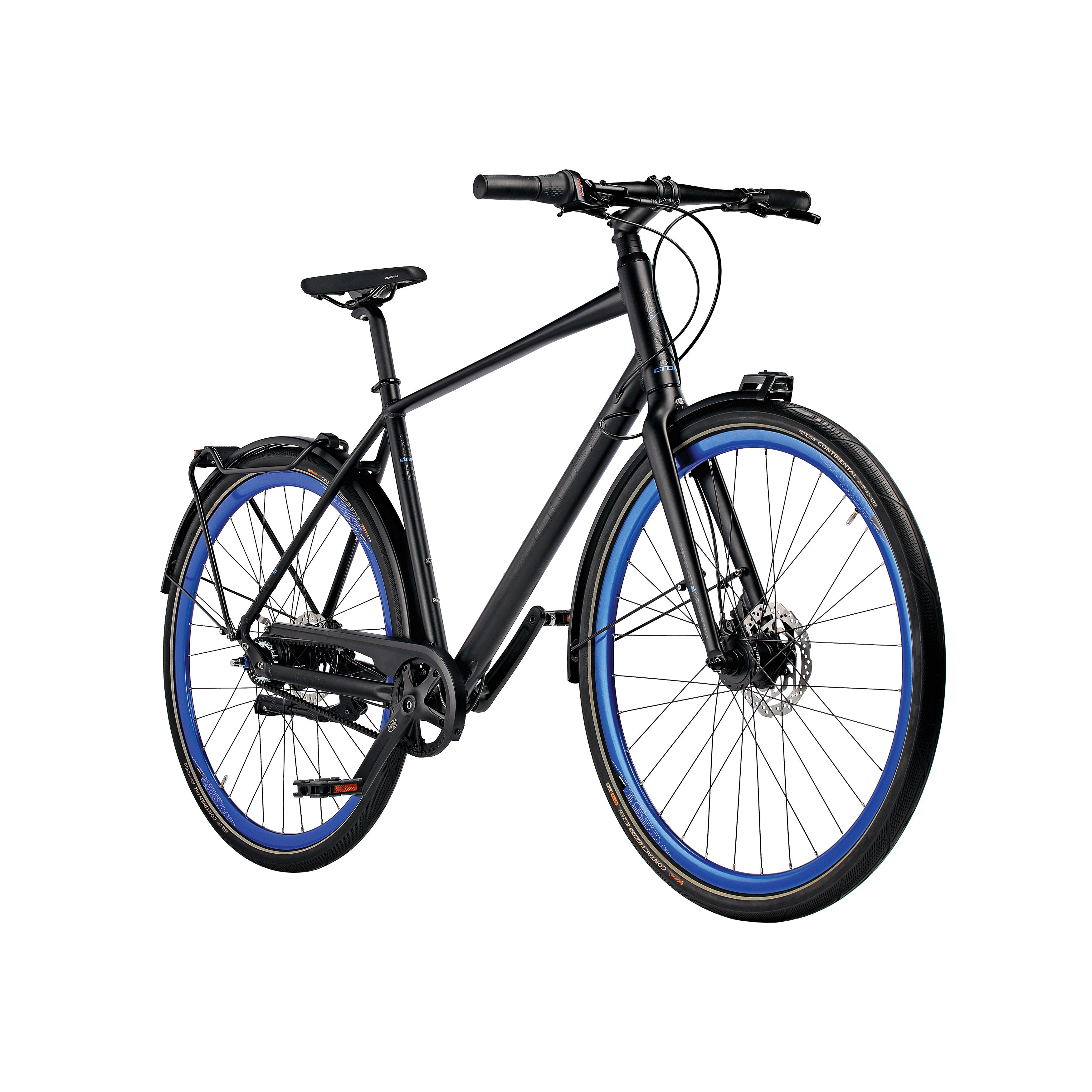 Ein schwarzes Fahrrad mit blauen Felgen und Gepäckträger.