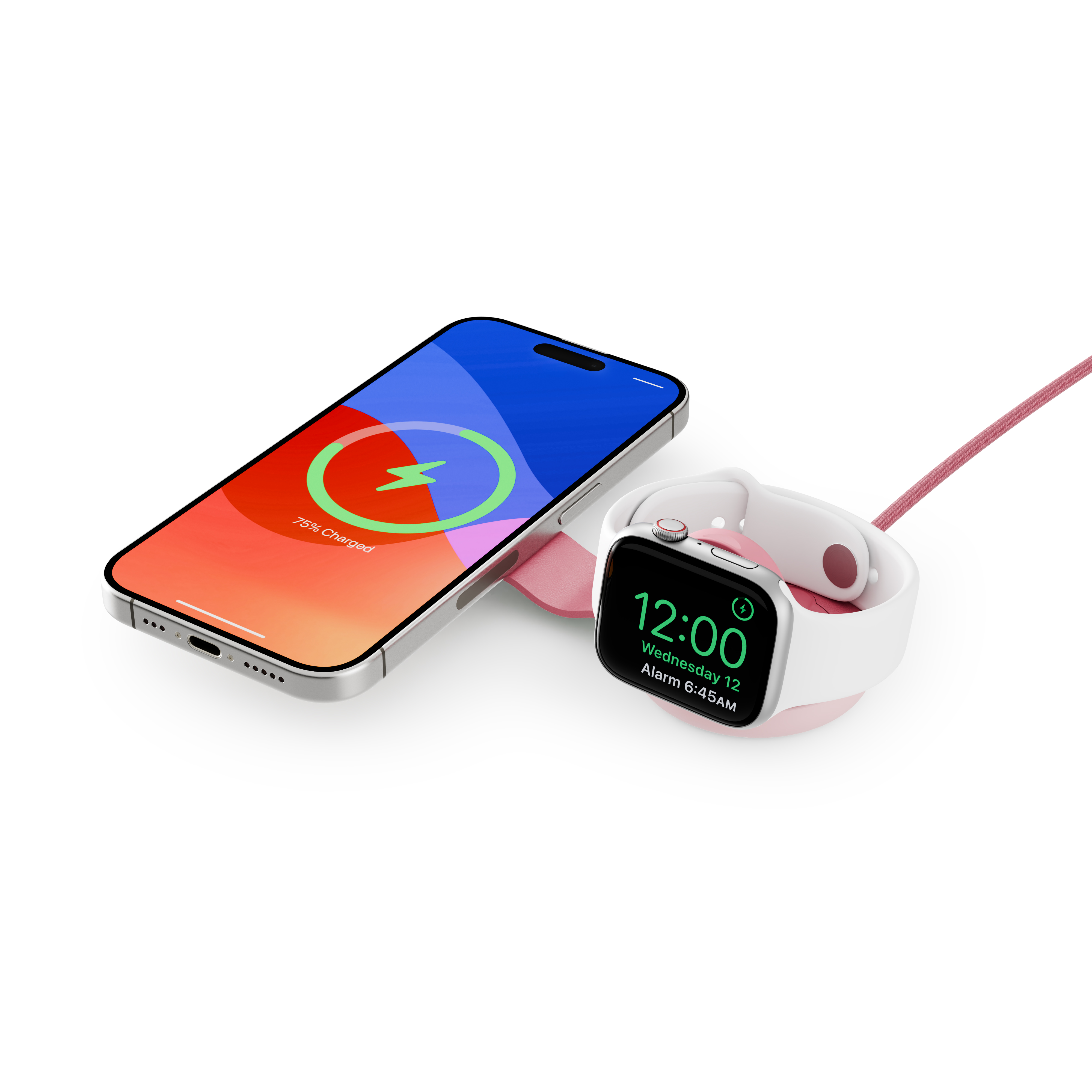 Un iPhone e un Apple Watch in carica su una stazione di ricarica rosa.