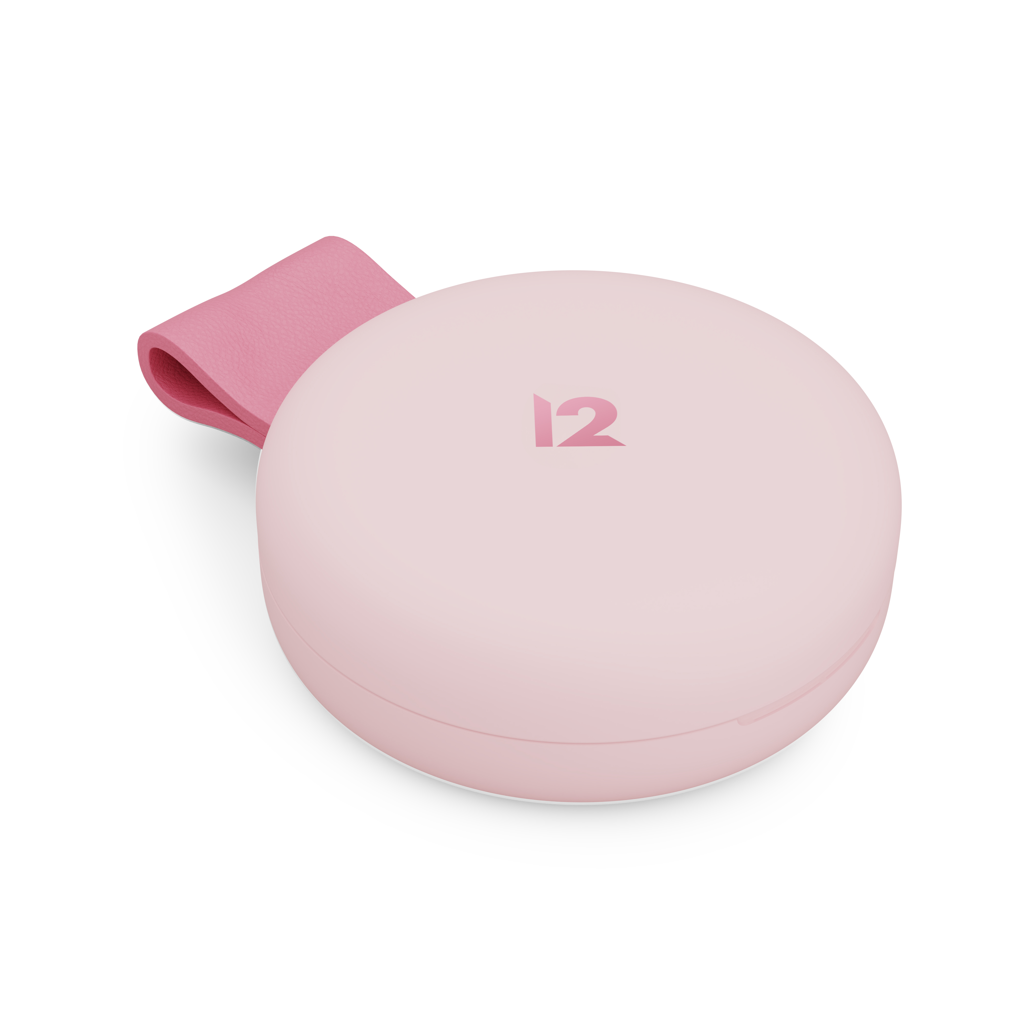 Una custodia rotonda rosa chiaro con un anello rosa e il numero 12.
