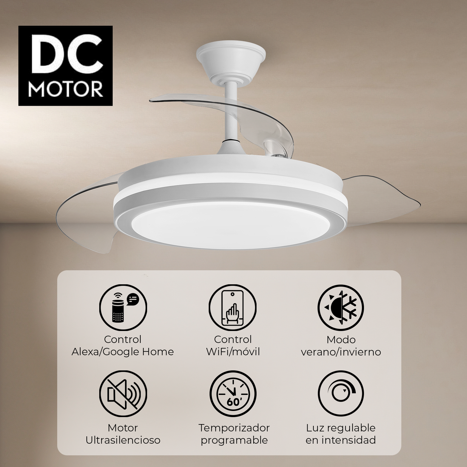 Lámpara ventilador de techo blanca con aspas transparentes y menú de iconos.