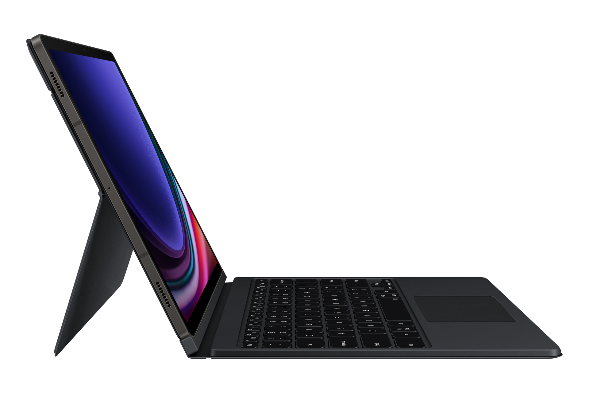Ein schwarzes Tablet mit Tastatur und Ständer, das auf einem weißen Hintergrund steht.