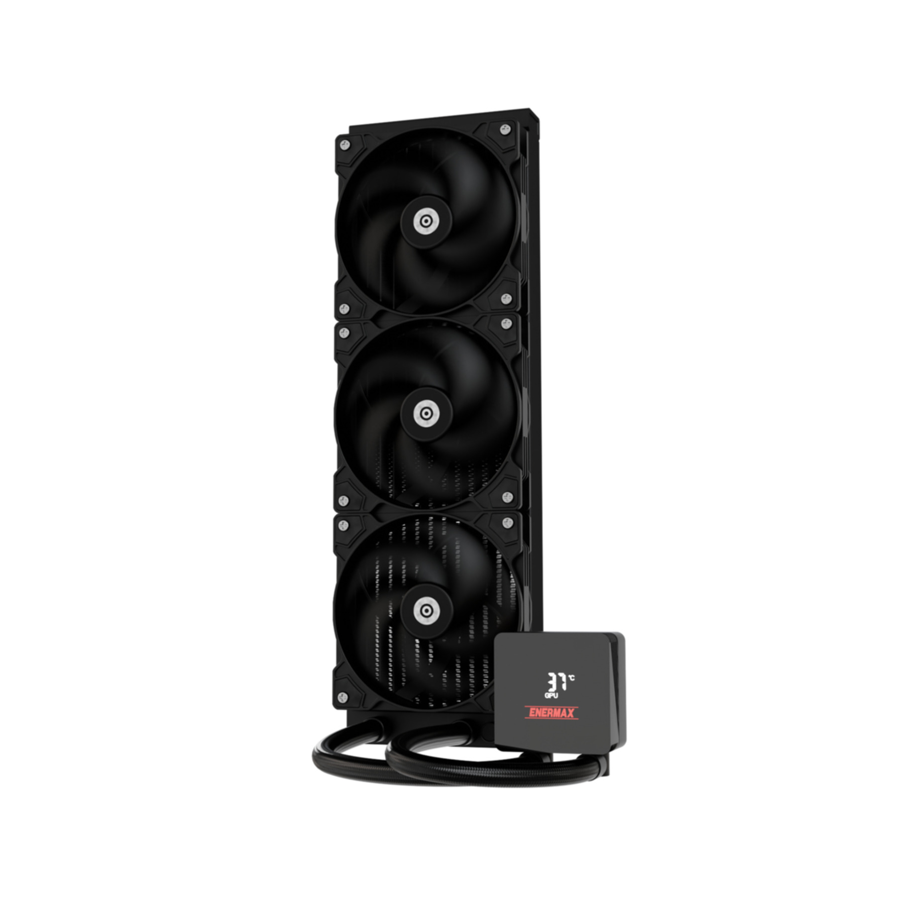 Black CPU cooler with three fans and a digital display showing 33°C.