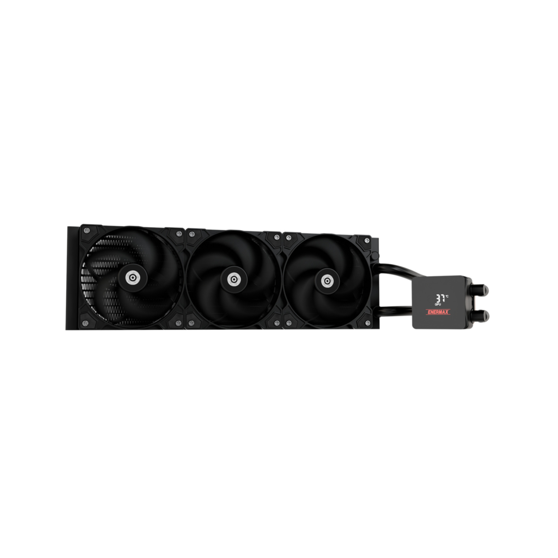 A black CPU cooler with three fans and a small black box displaying temperature.