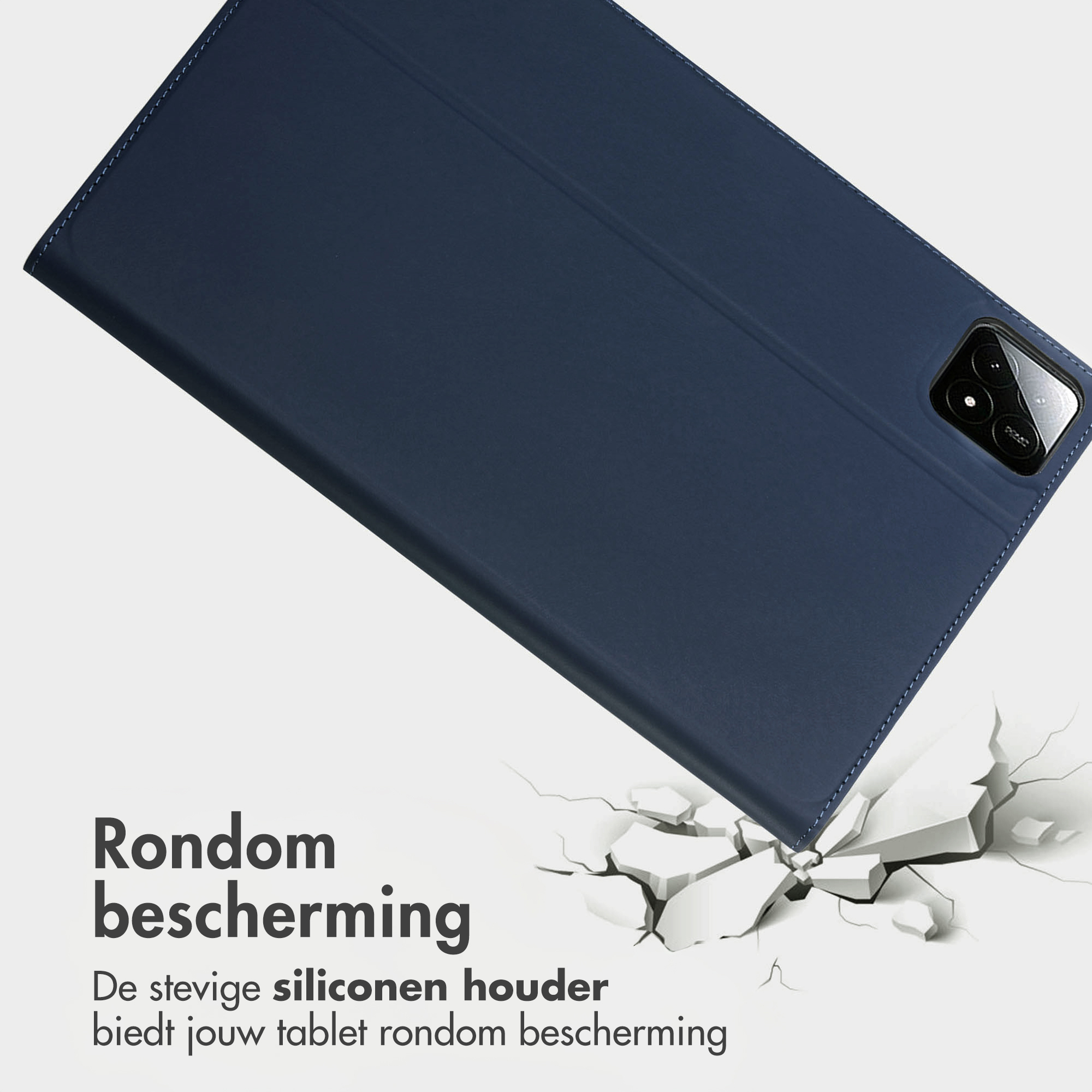 Donkerblauwe tablethoes die op gebarsten oppervlakken slaat.